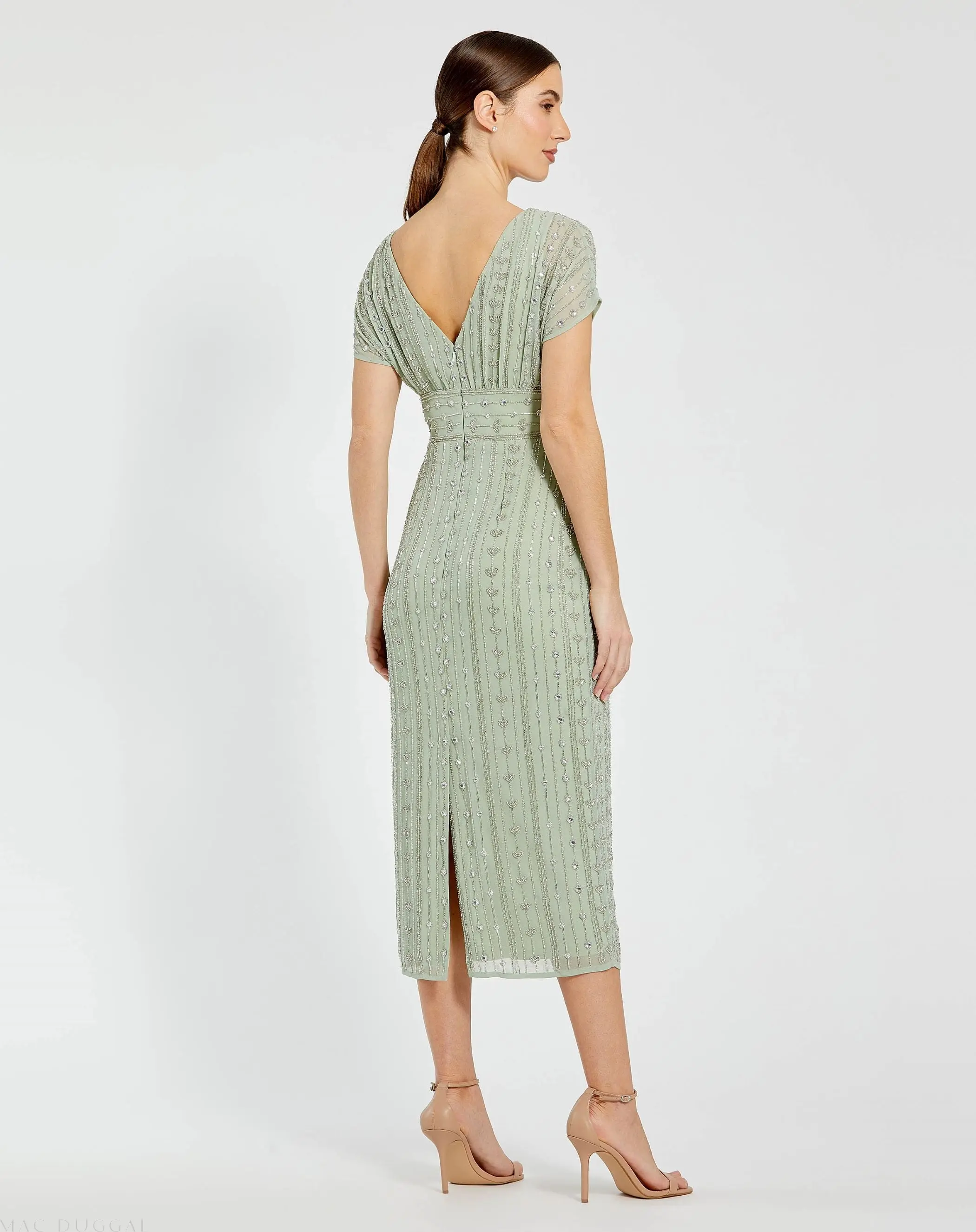 Green Beaded Cap Sleeve Empire Waist Sheath Midi Dress - Image 3