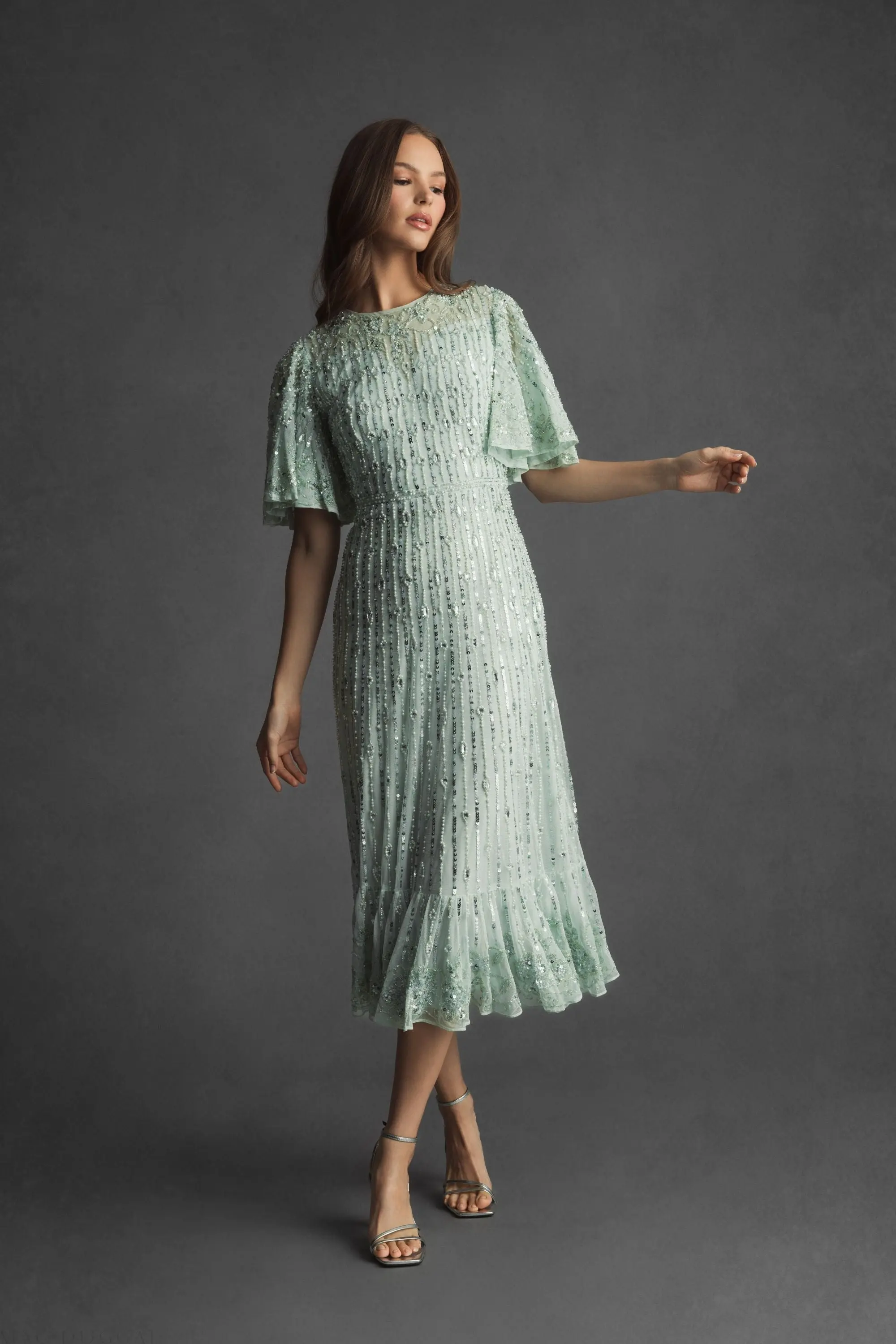 Green Flounce Sleeve Midi Dress - Image 6