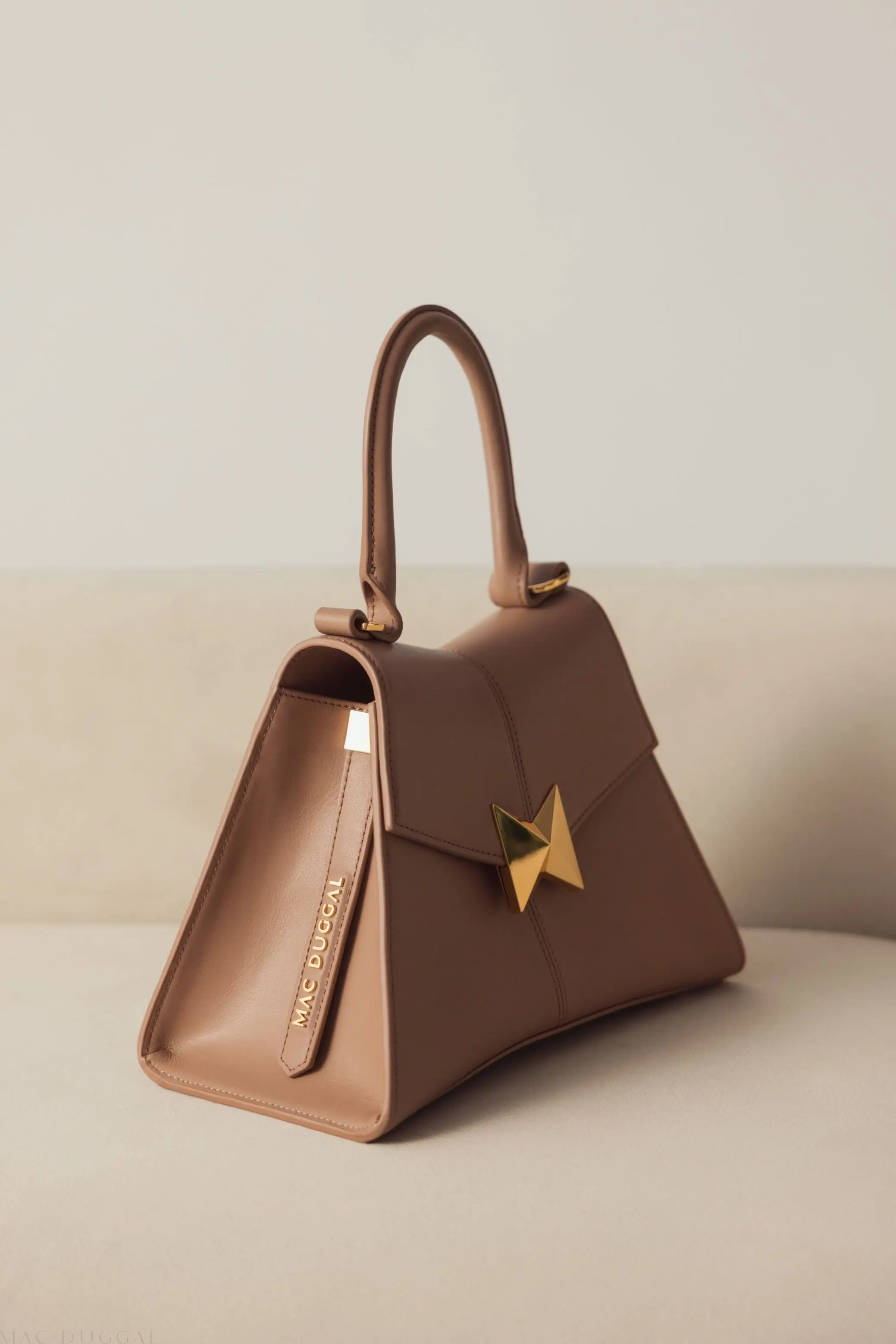 Beige Small Structured Leather Top Handle Bag - Image 7