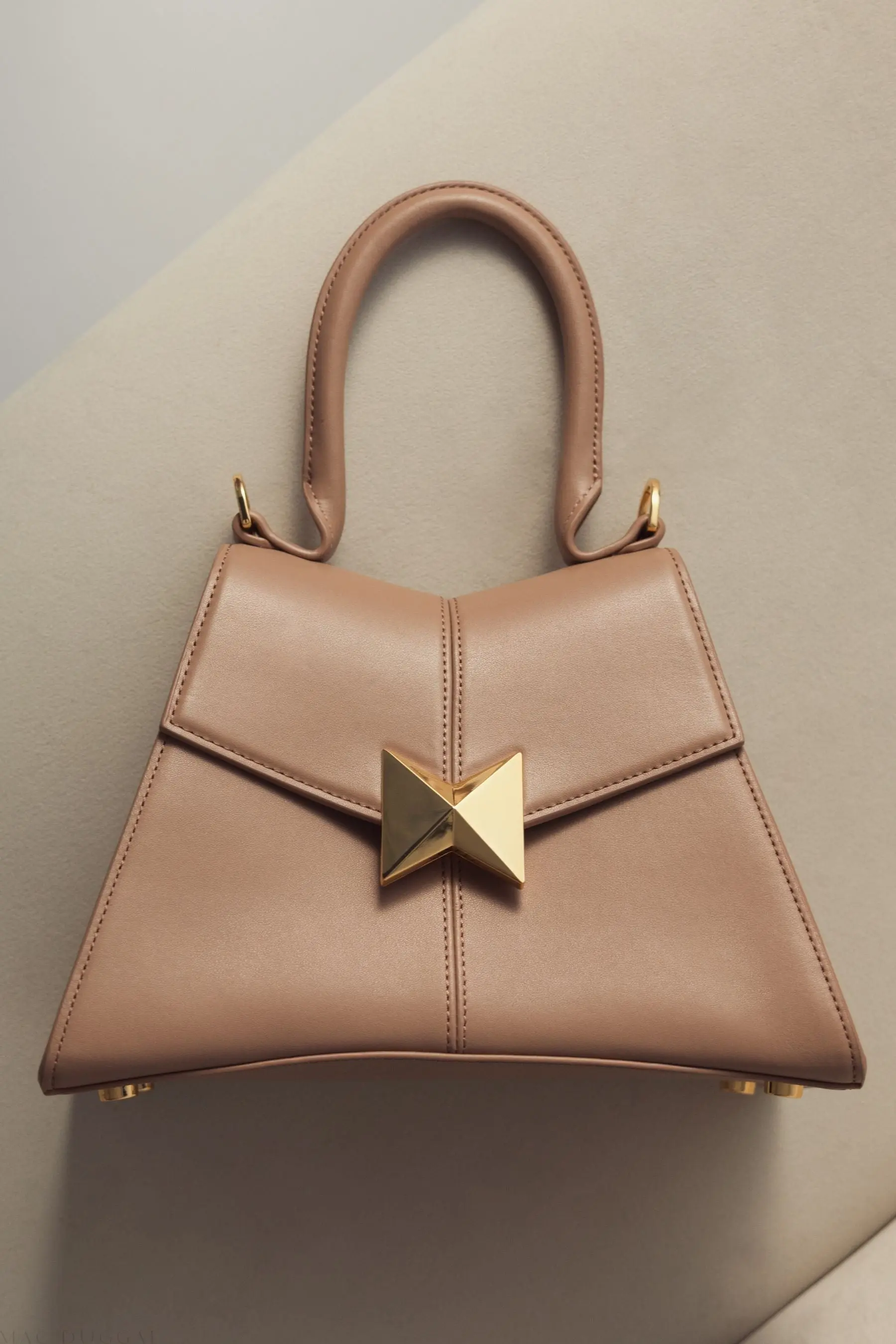 Beige Small Structured Leather Top Handle Bag - Image 8