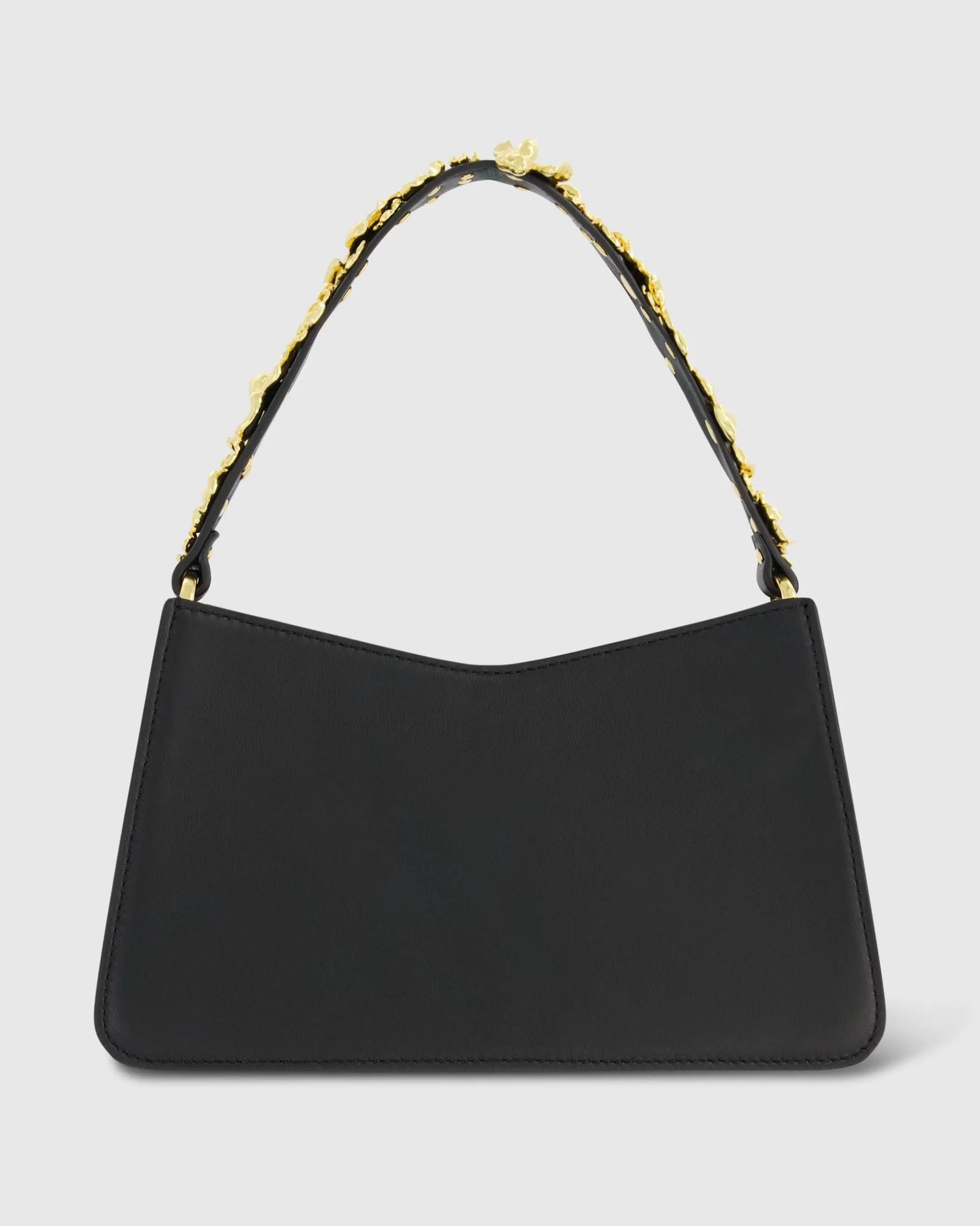 Black Small Leather Shoulder Bag with Gold Floral Strap - Image 3