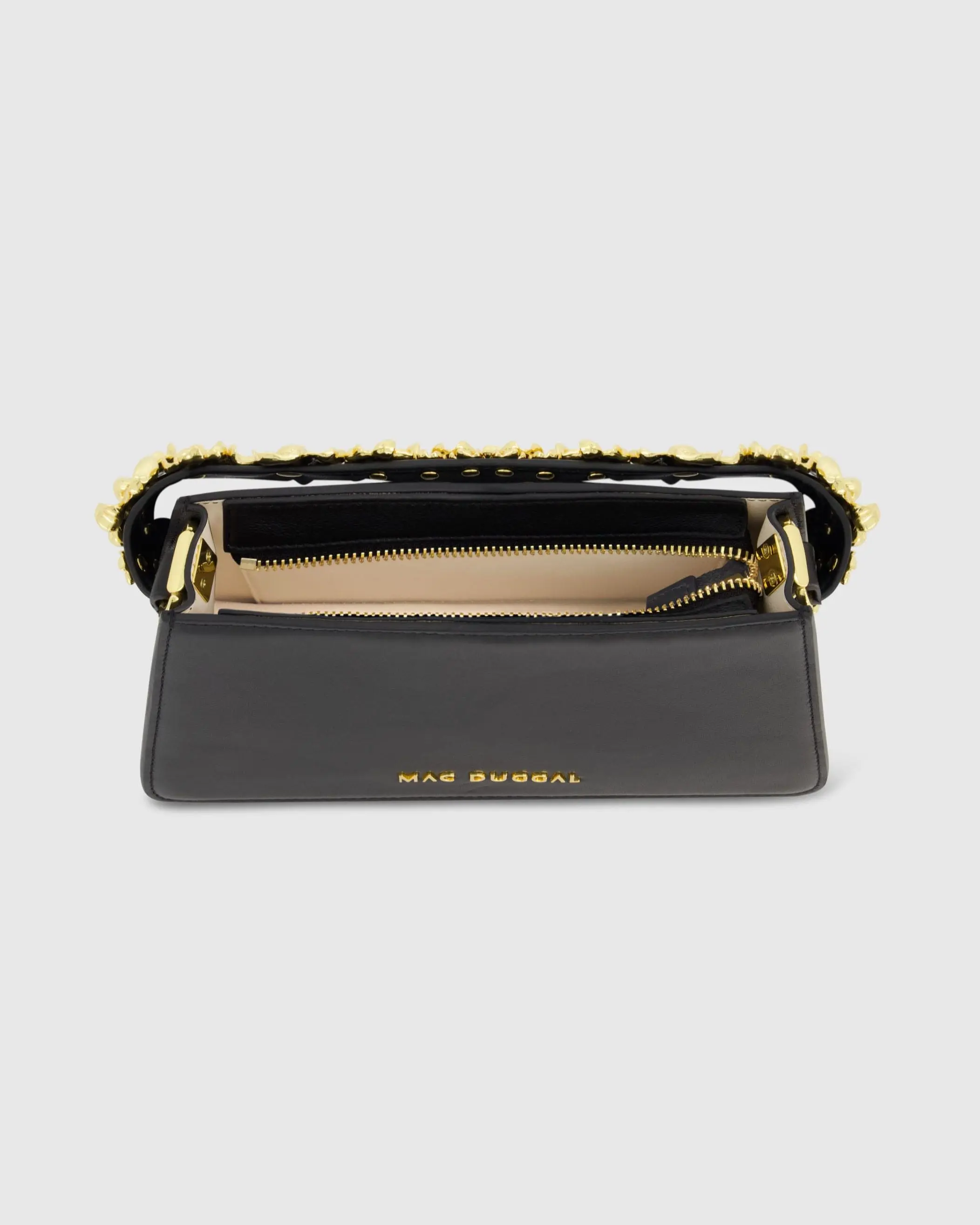 Black Small Leather Shoulder Bag with Gold Floral Strap - Image 4