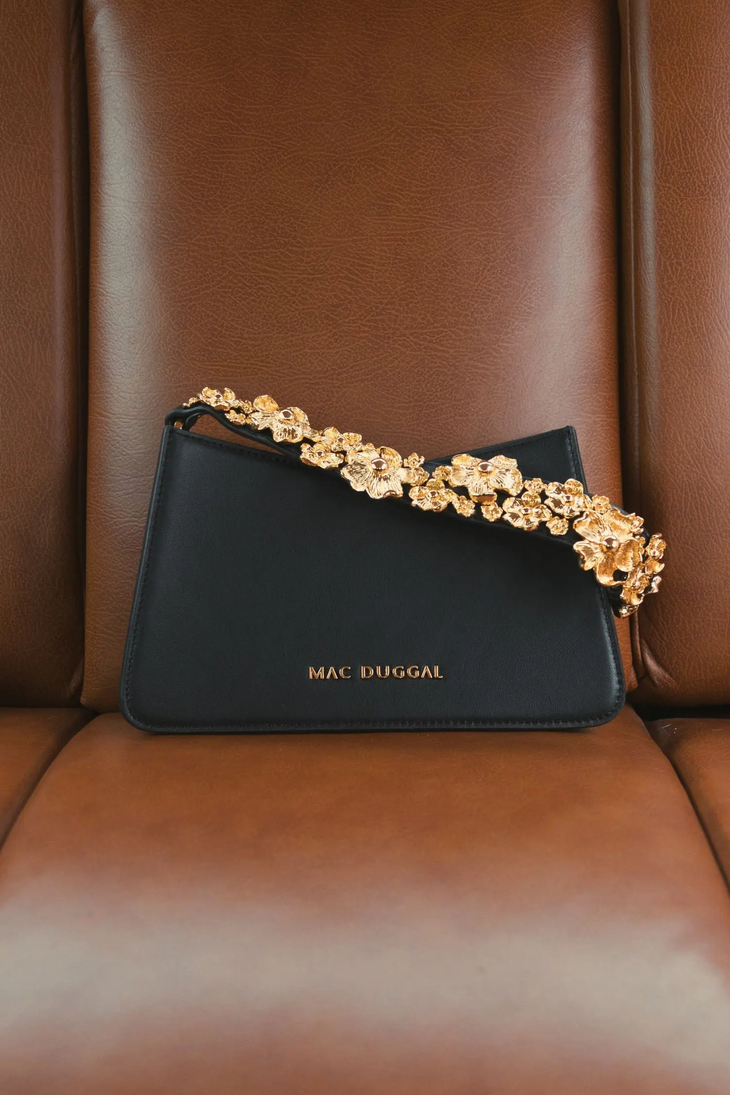 Black Small Leather Shoulder Bag with Gold Floral Strap - Image 7