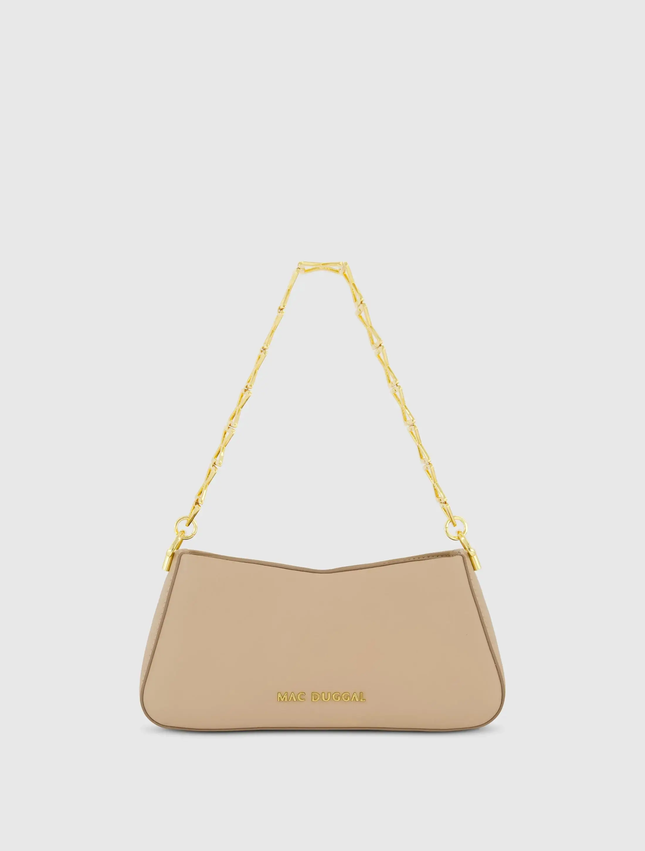 Beige Small Leather Shoulder Bag with Gold Chain