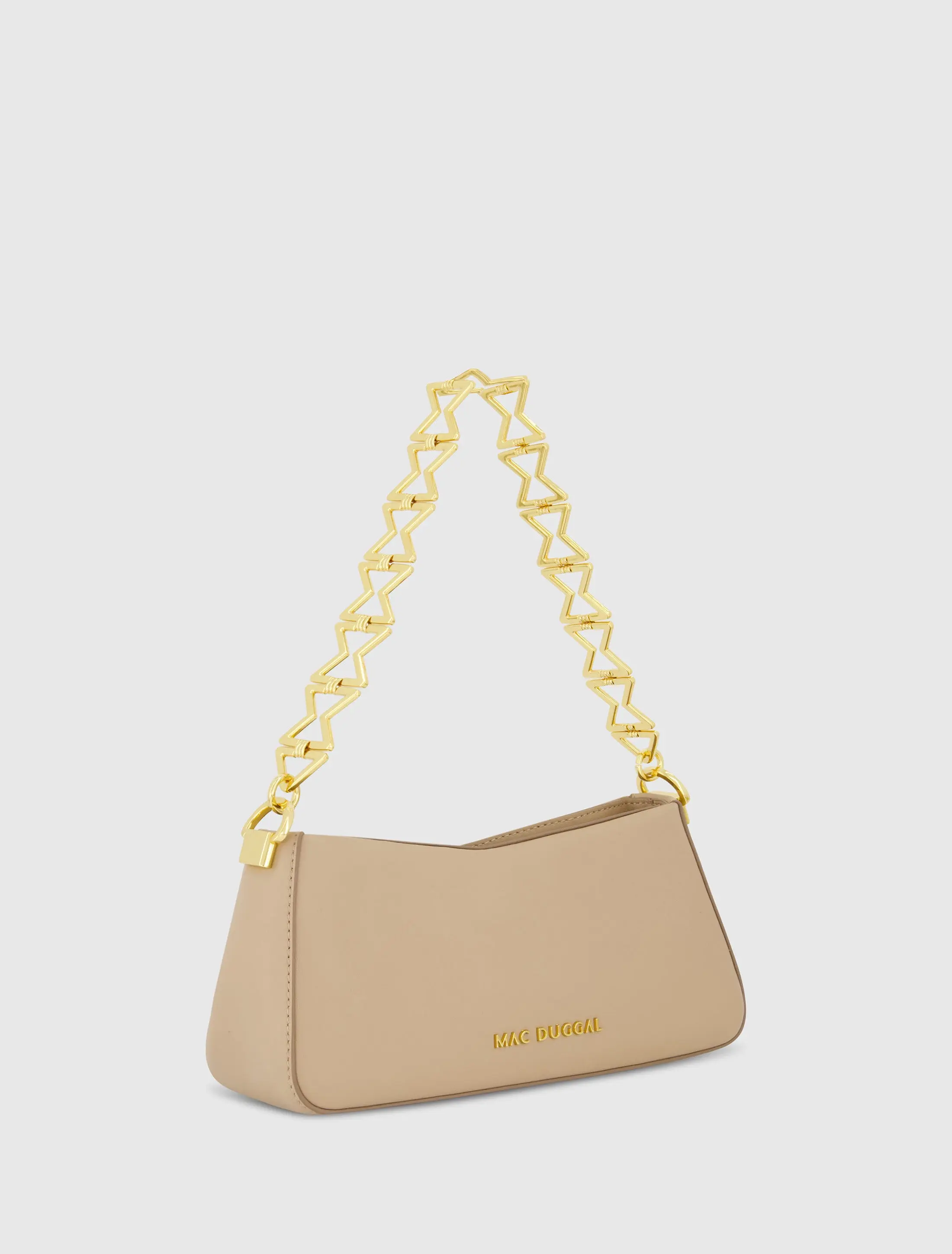 Beige Small Leather Shoulder Bag with Gold Chain - Image 2