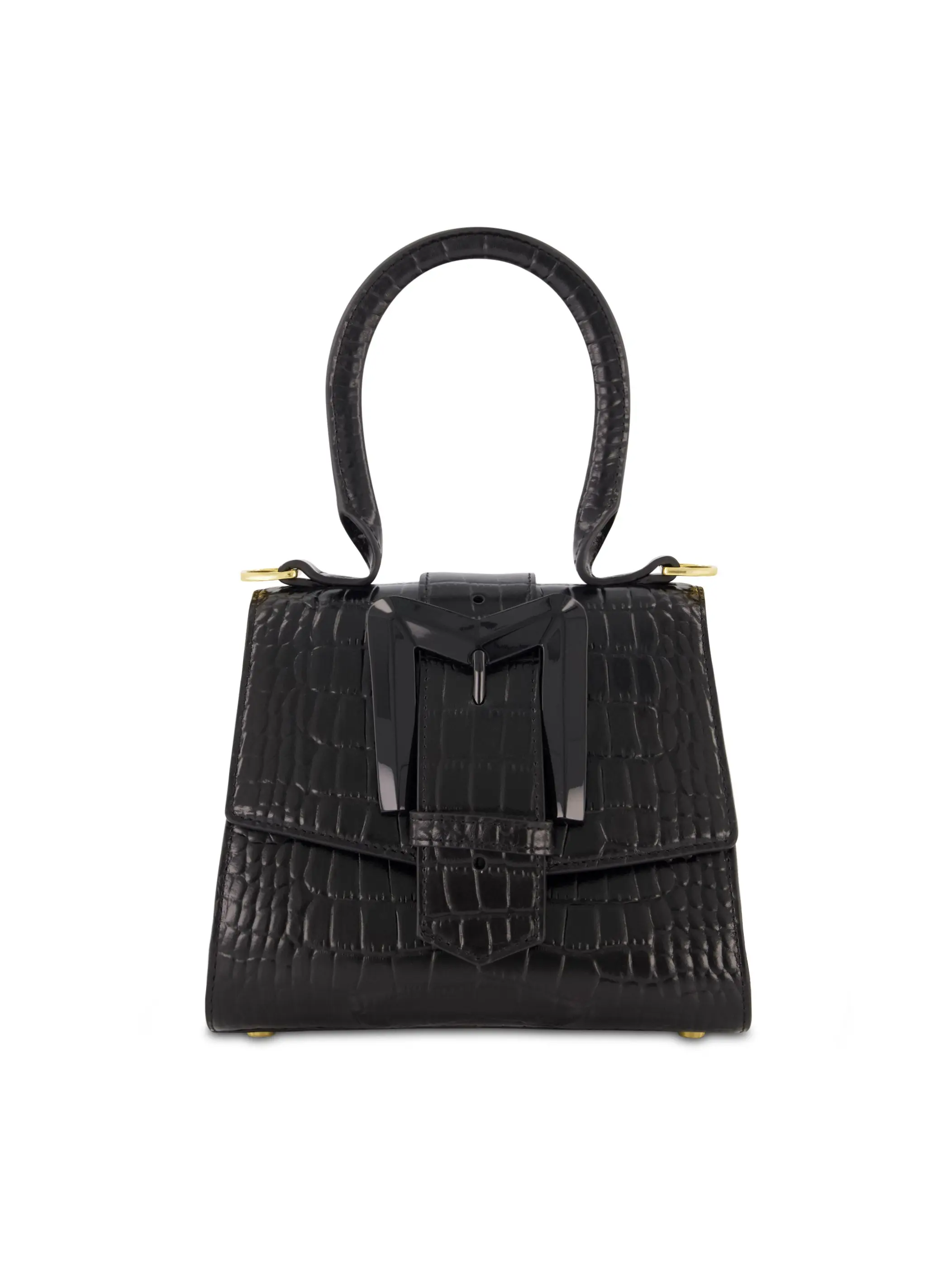 Black Mini Croc Embossed Leather Handbag - Image 6