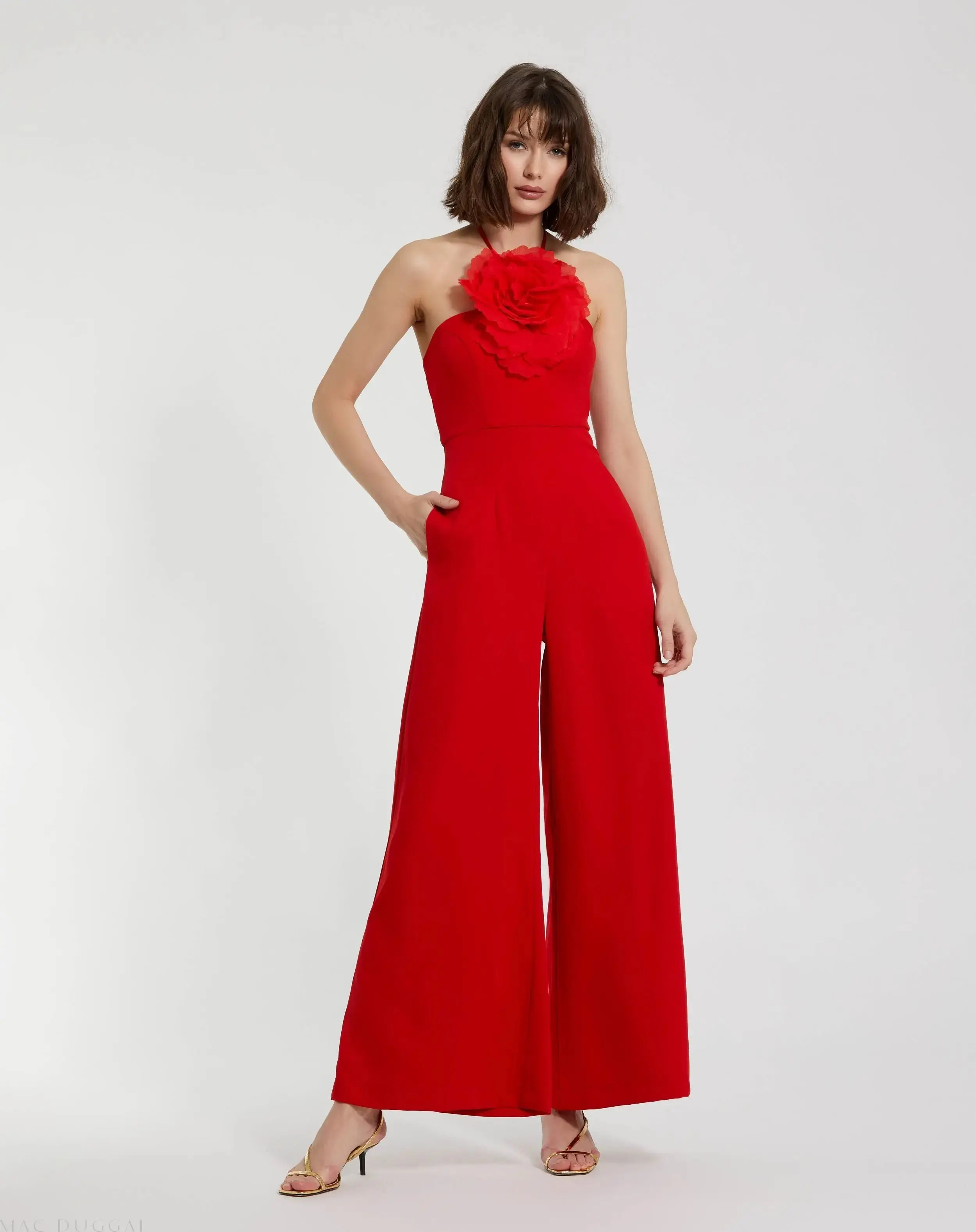 Halter Neck Crepe Jumpsuit With Flower - Image 2