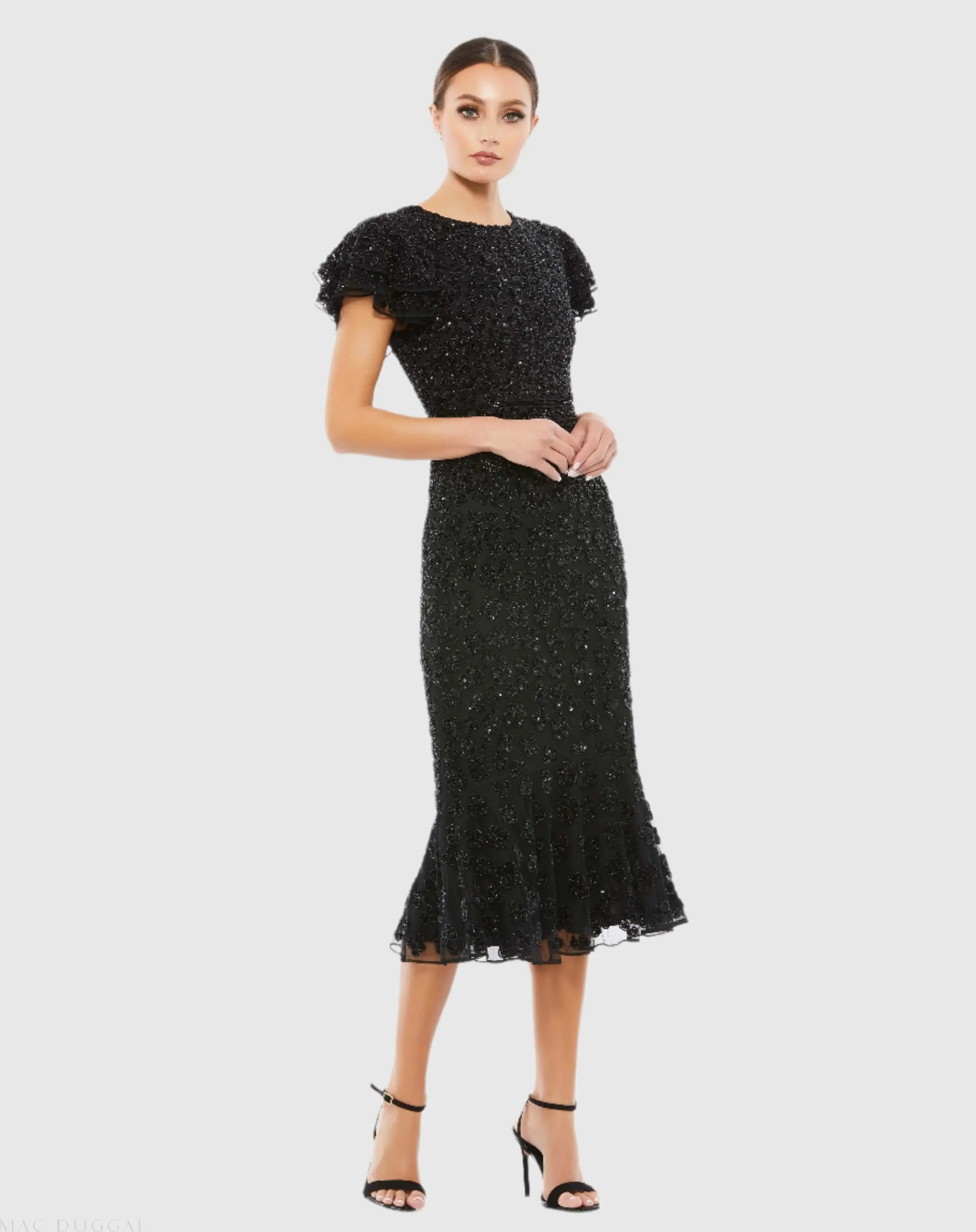 Hand Beaded Flounce Sleeve Midi Dress - Image 2