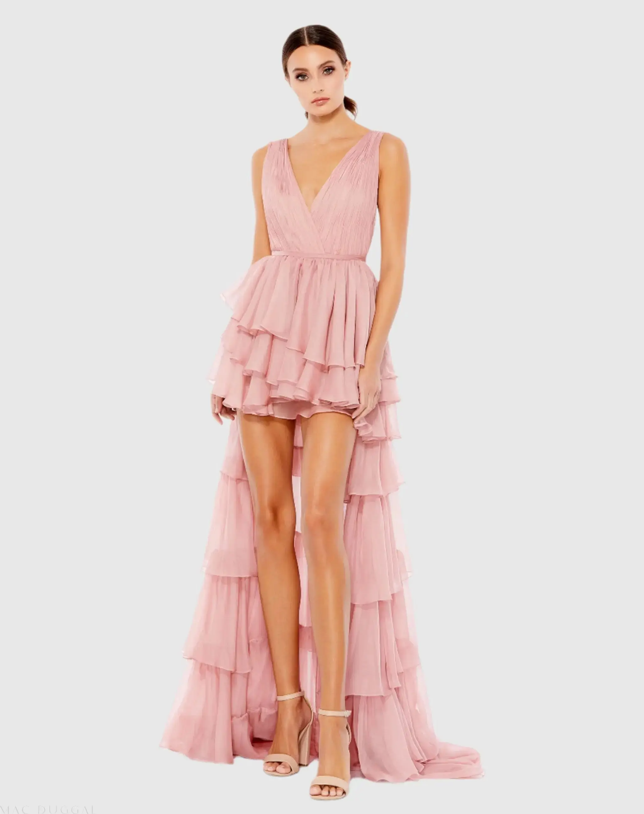 High Low Tiered Gown with Built In Bodysuit