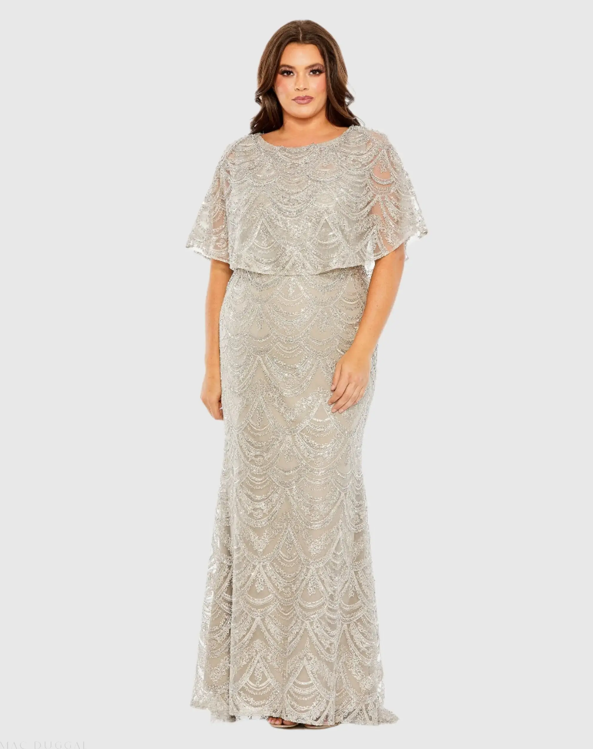 High Neck Embellished Column Dress With Cape (Plus) - Image 2