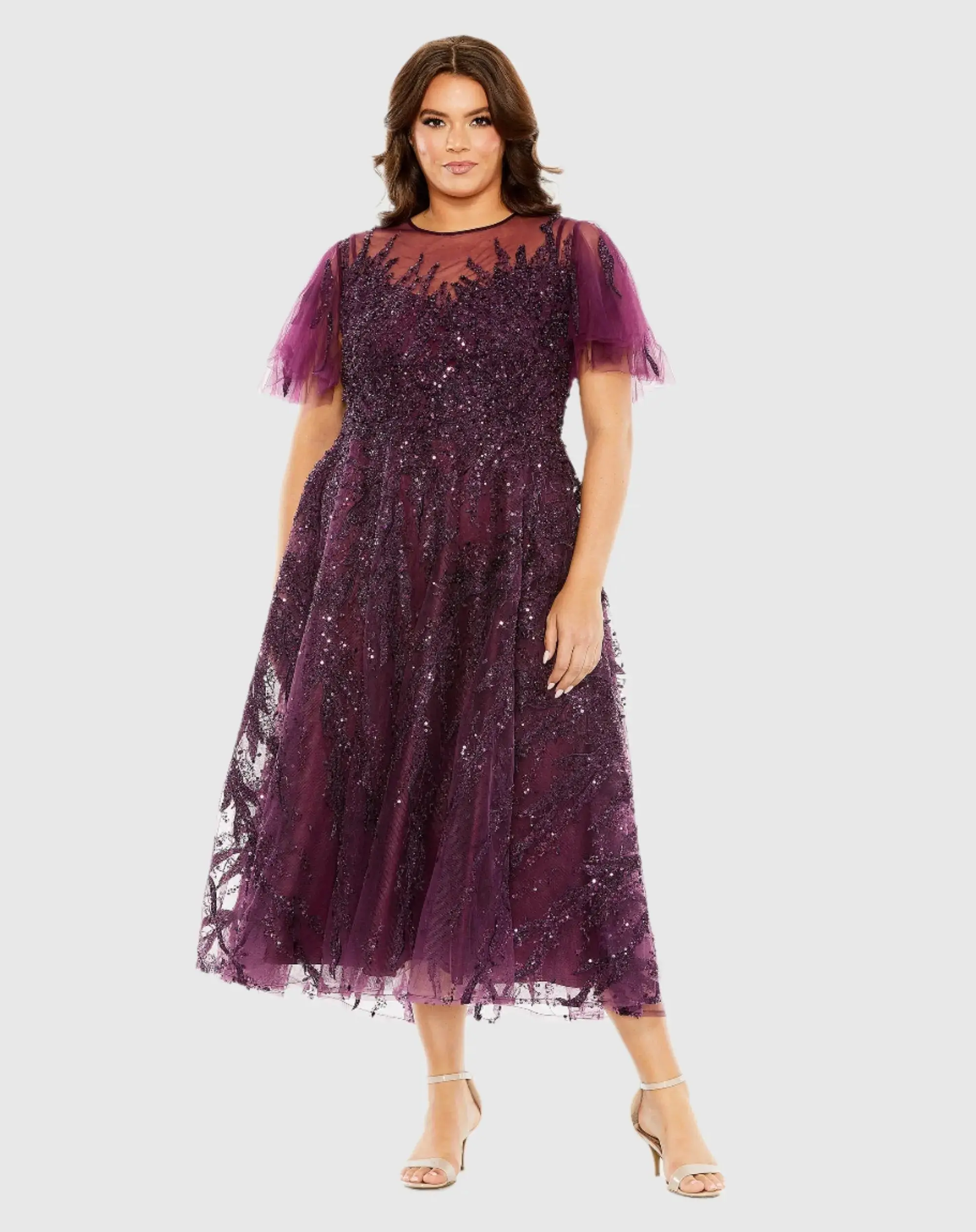 High Neck Flutter Sleeve A Line Embellished Dress - Image 2