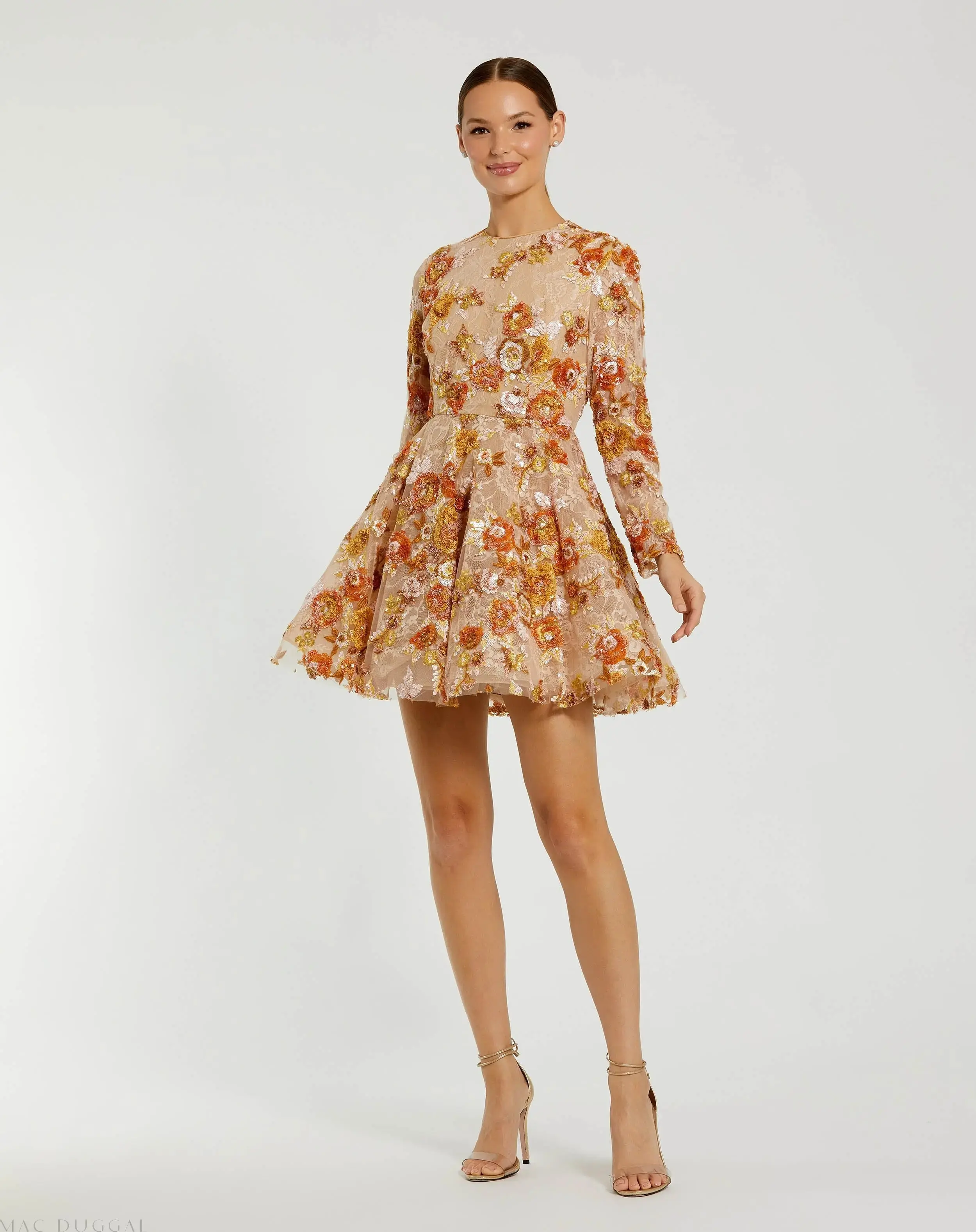 High Neck Long Sleeve Sequin A Line Mini Dress - Image 2
