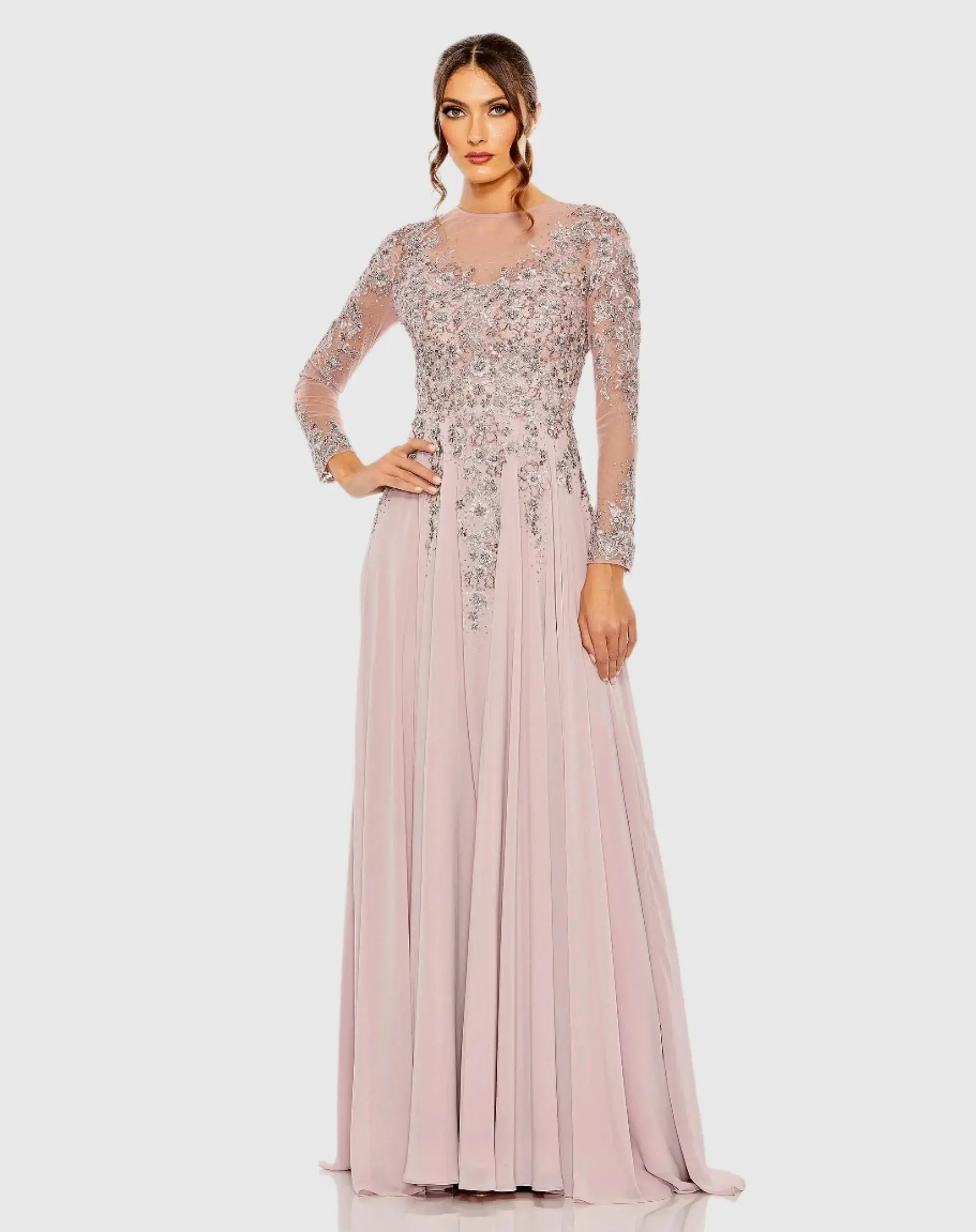 High Neck Mesh Long Sleeve Embellished A Line Gown - Image 2