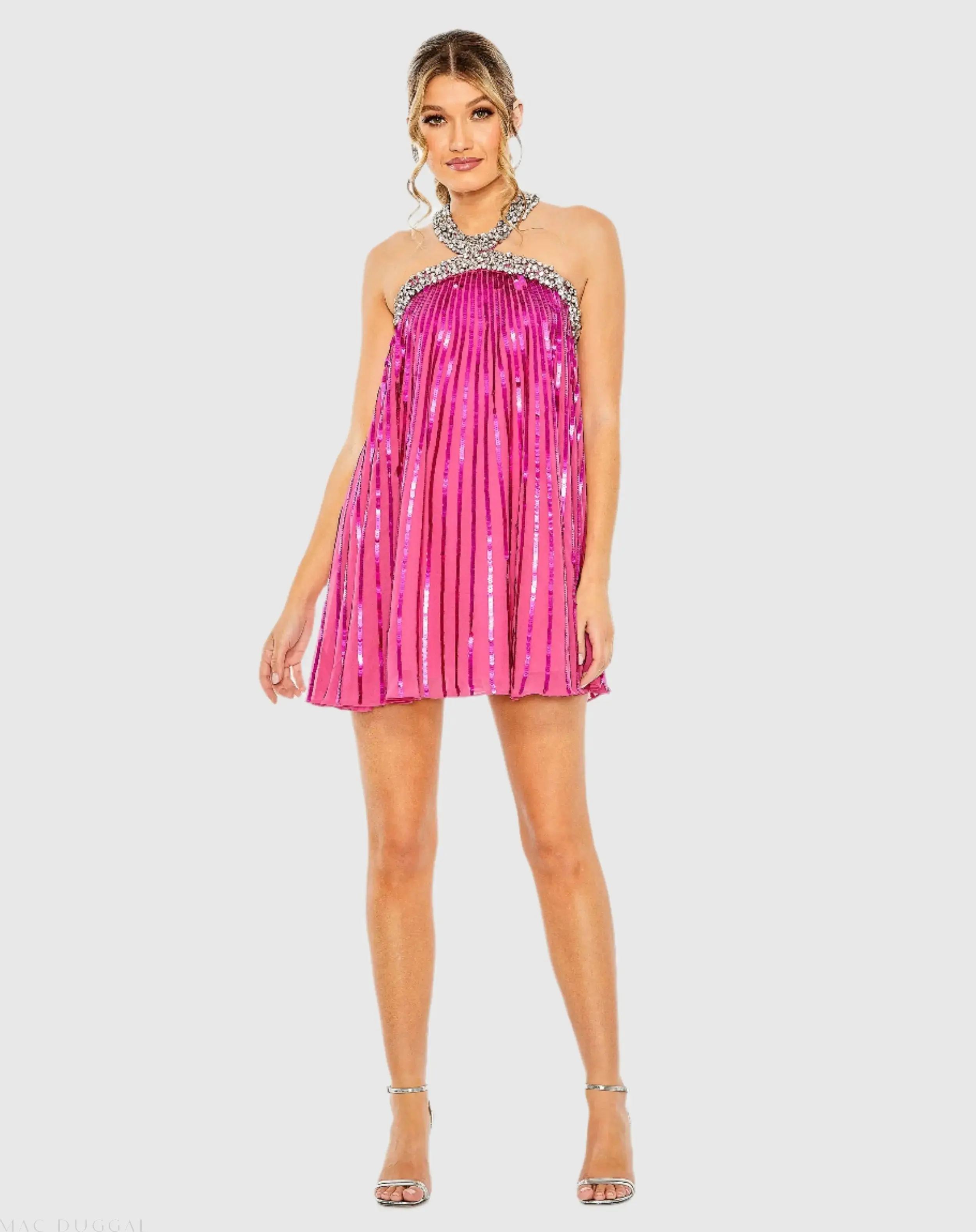 High Neck Open Back Embellished Trapeze Dress - Image 2