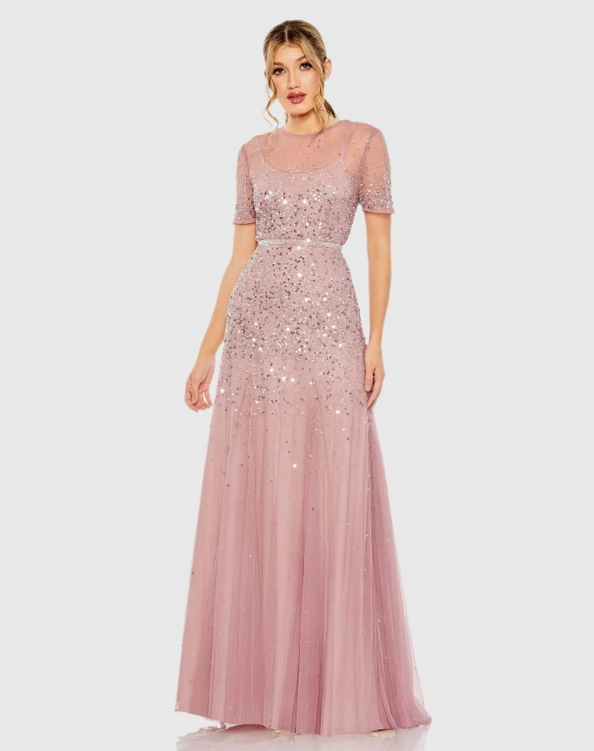 High Neck Short Sleeve Sequin Embellished Gown - Image 2