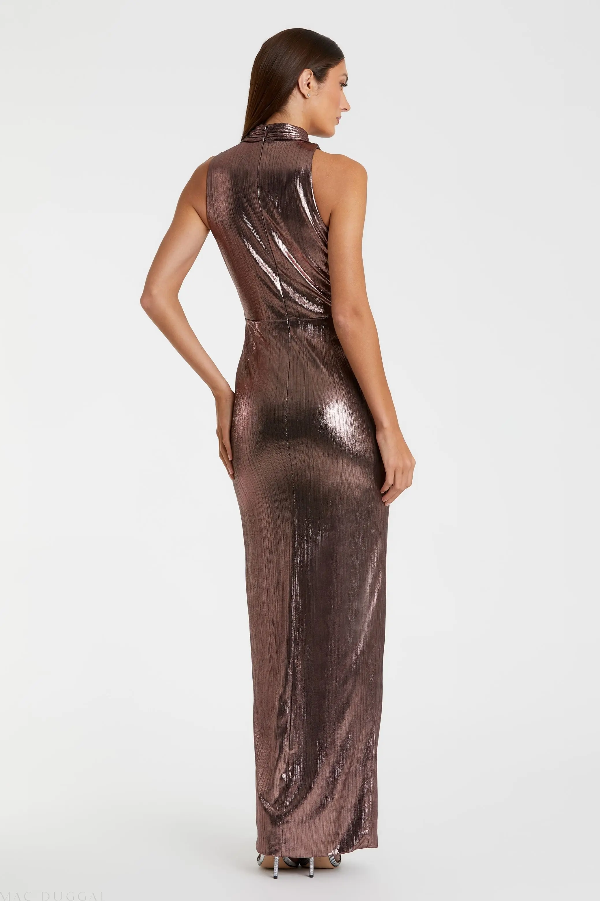 Brown High Neck Sleeveless Gown - Image 3