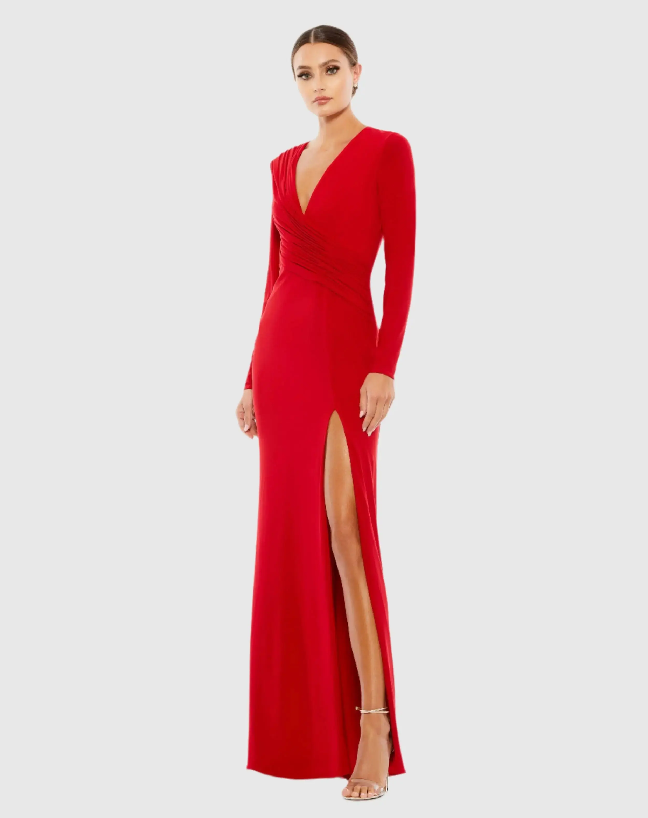 Jersey Long Sleeve Asymmetrical Ruched Gown - Image 2
