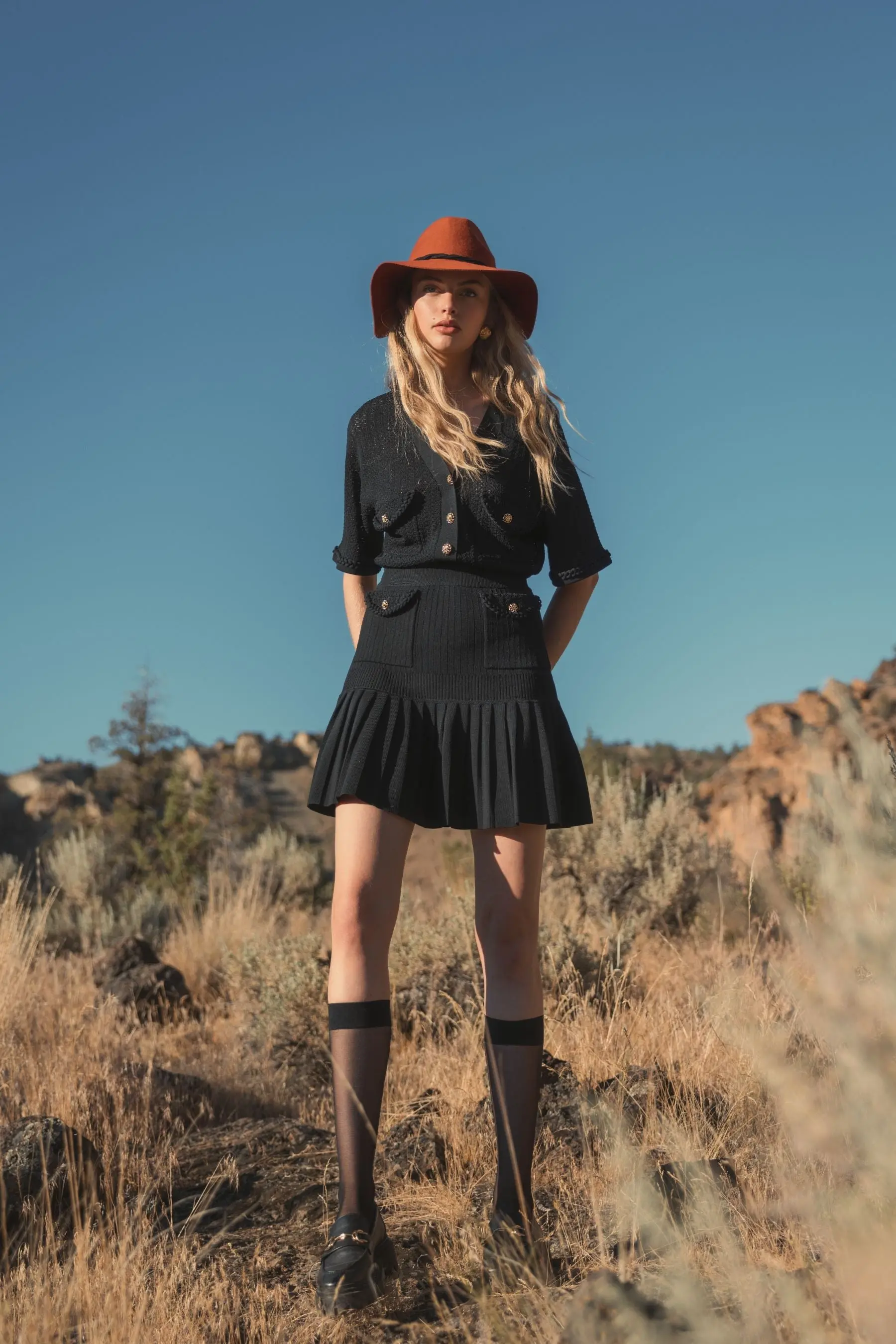 Black Short Sleeve Gold Button Front Crochet Knit Dress with Pleated Hem - Image 5