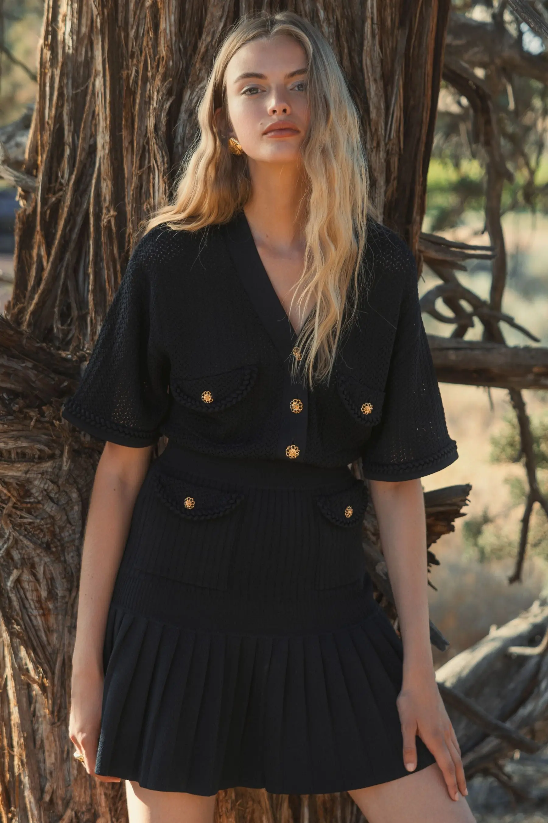 Black Short Sleeve Gold Button Front Crochet Knit Dress with Pleated Hem - Image 6
