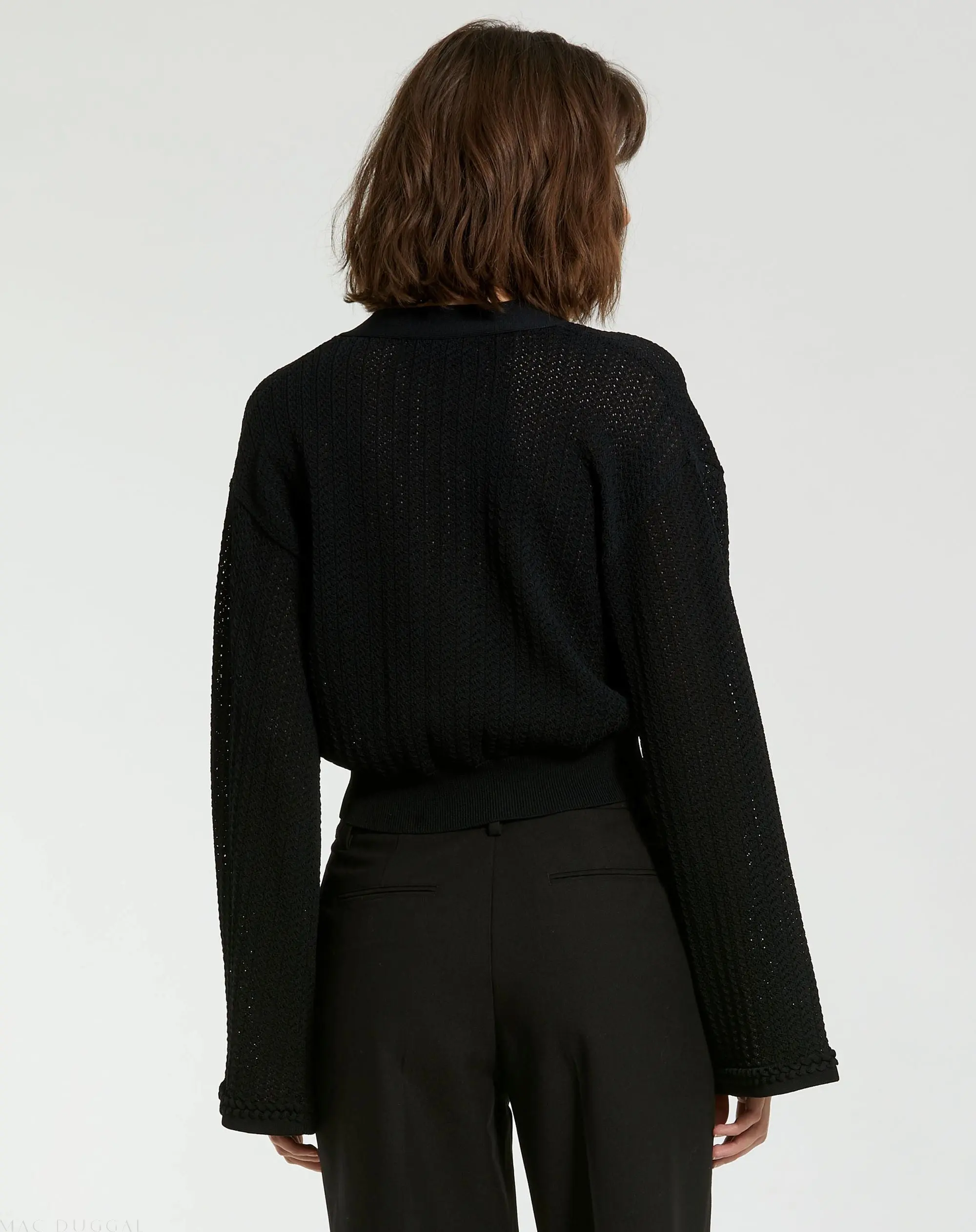 Black Crochet Knit Flare Long Sleeve Gold Button Cropped Cardigan - Image 3