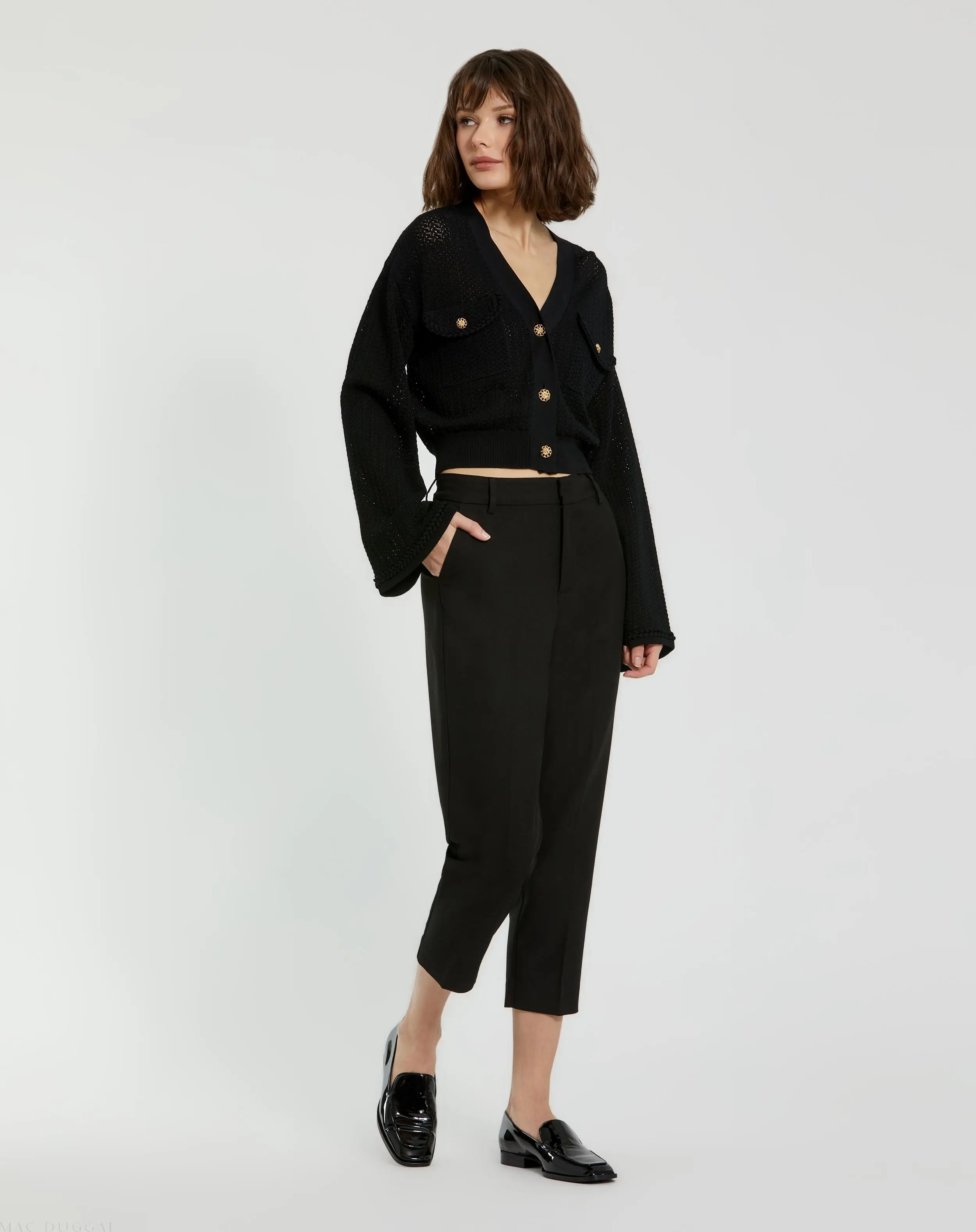 Black Crochet Knit Flare Long Sleeve Gold Button Cropped Cardigan - Image 4