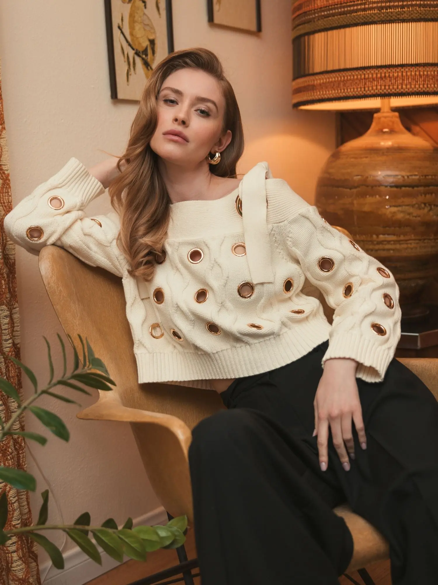 Ivory Chunky Knit Off The Shoulder Grommet Cropped Sweater - FINAL SALE - Image 6