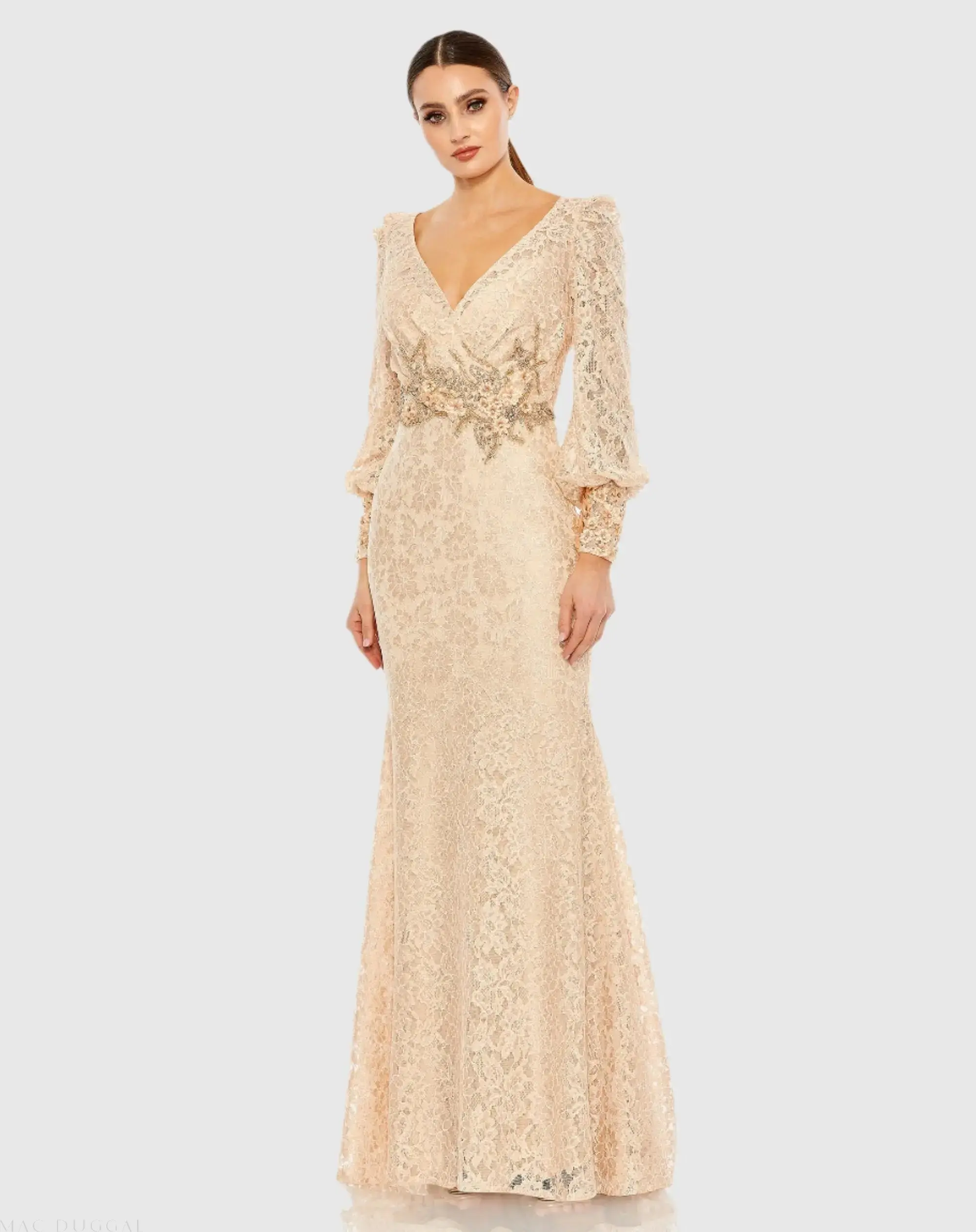 Lace Long Sleeve V Neck Embellished Gown - Image 2
