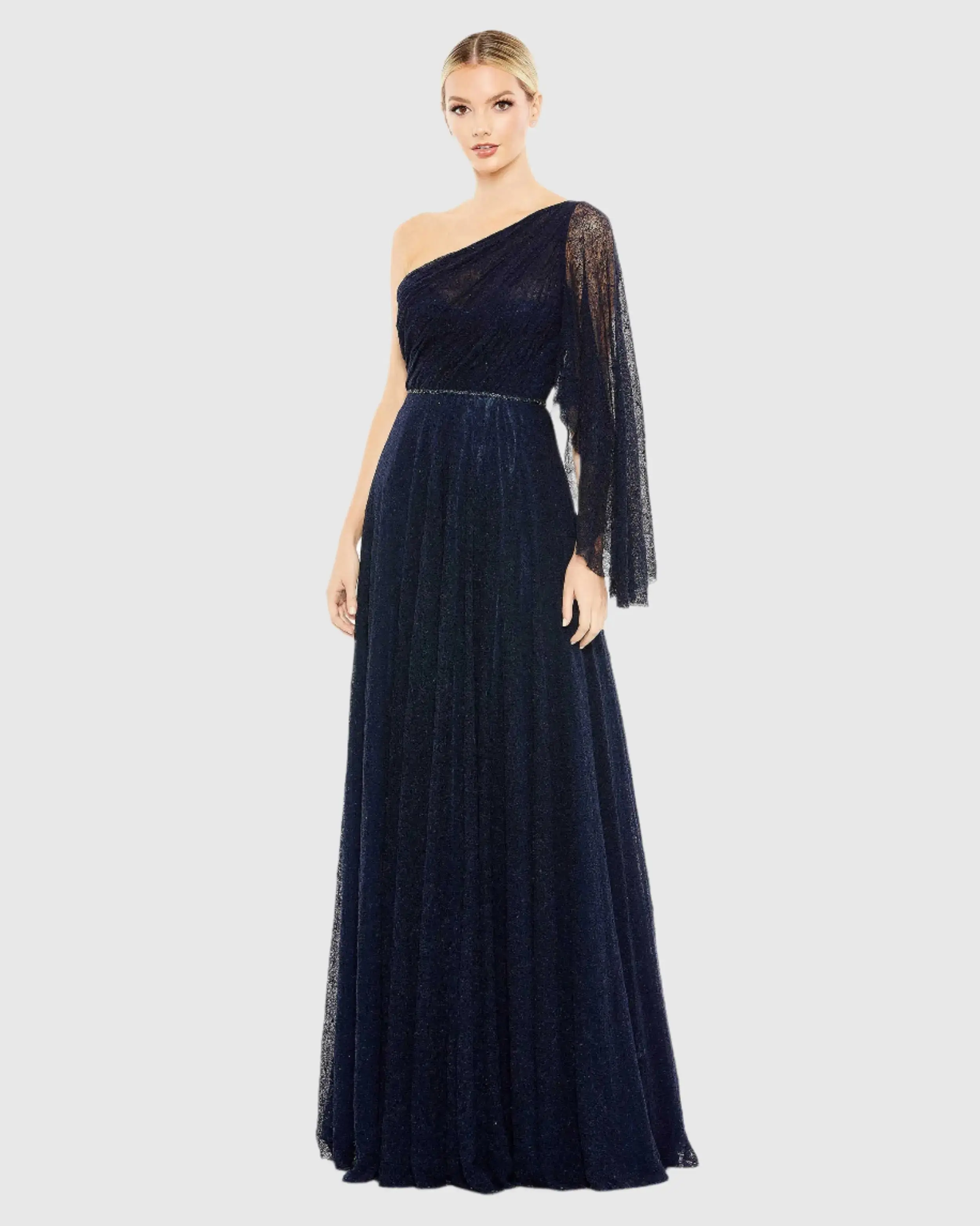 Lace One Shoulder Illusion Sleeve A Line Gown - Image 2