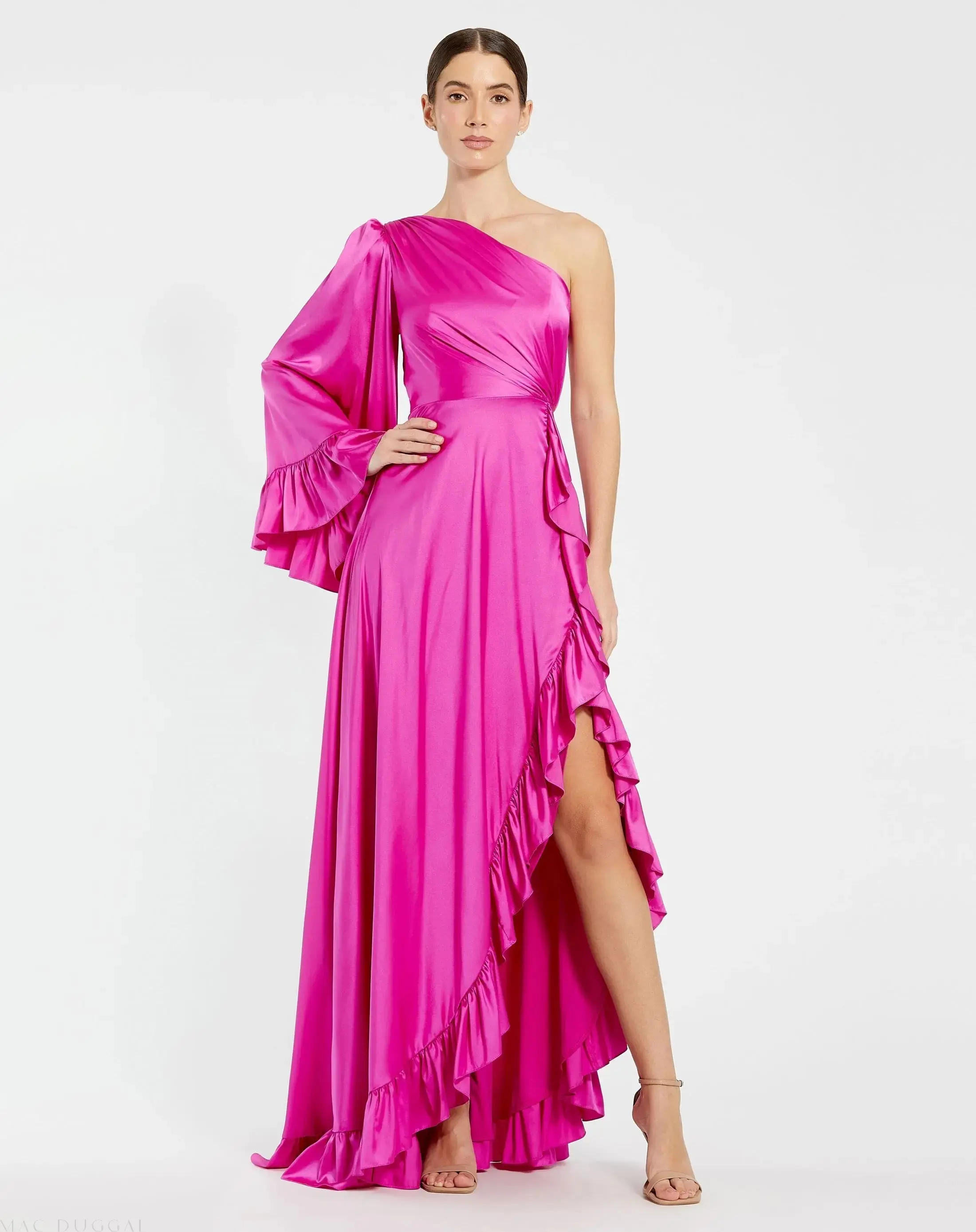 Long One Sleeve Asymmetrical Ruffle Hem Gown - Image 2