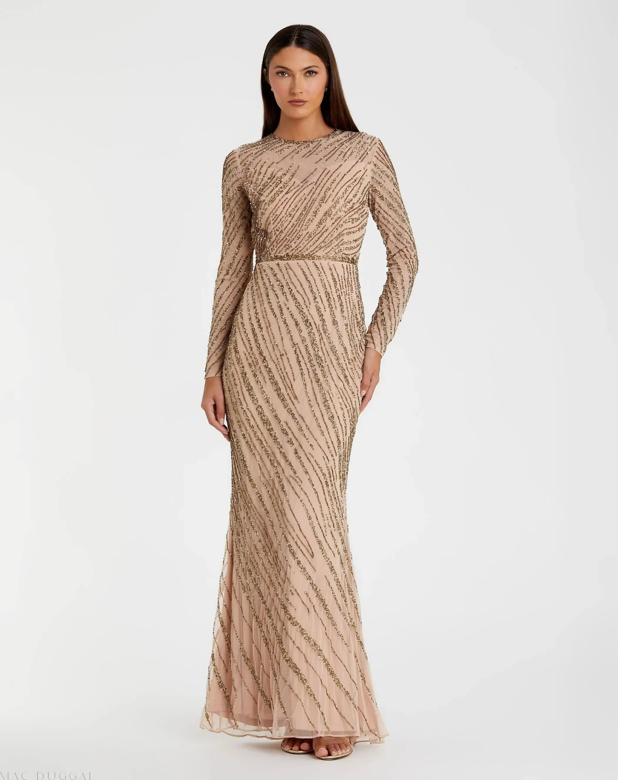 Beige Long Sleeve Beaded Column Gown - FINAL SALE