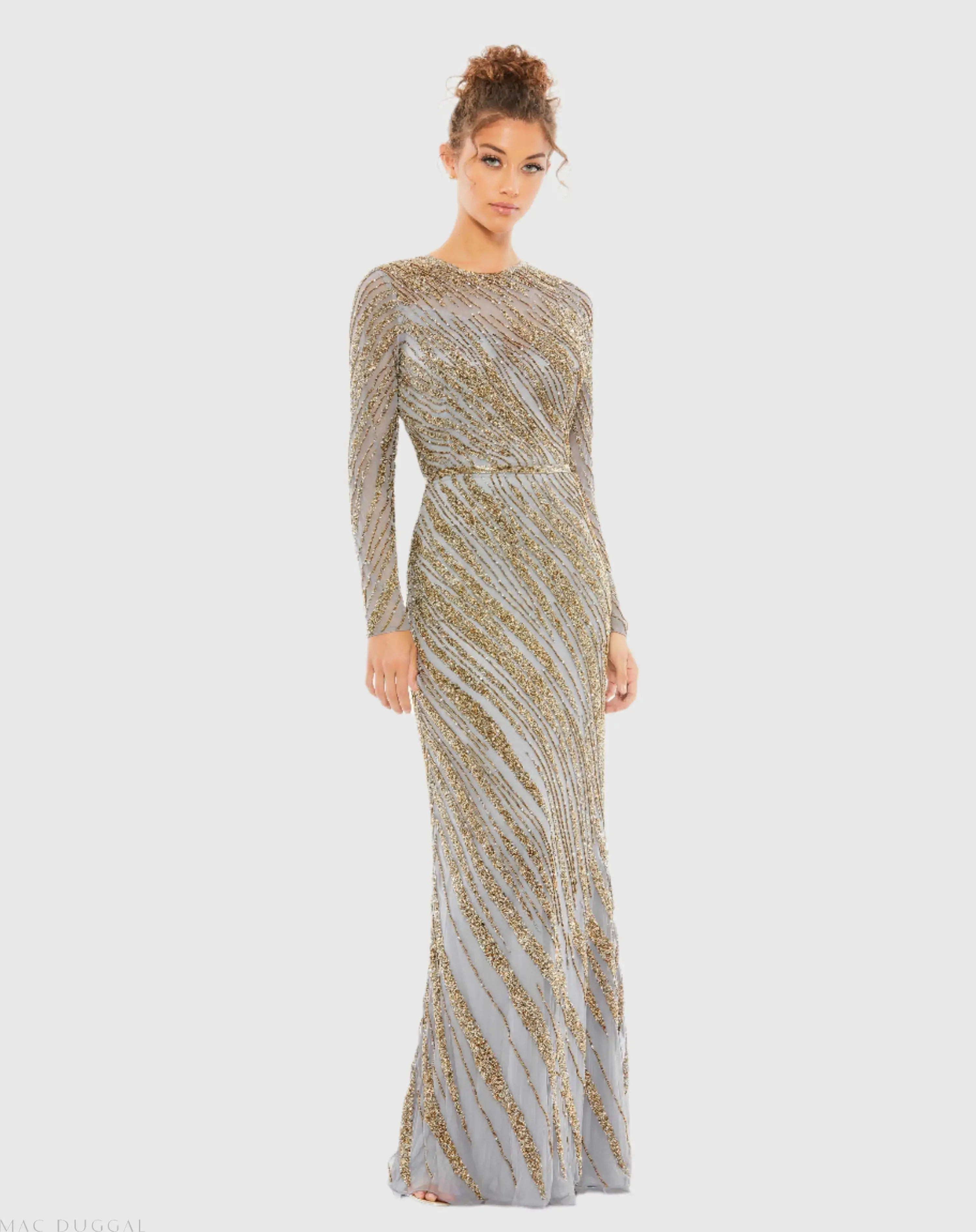 Long Sleeve Beaded Column Gown - Image 3