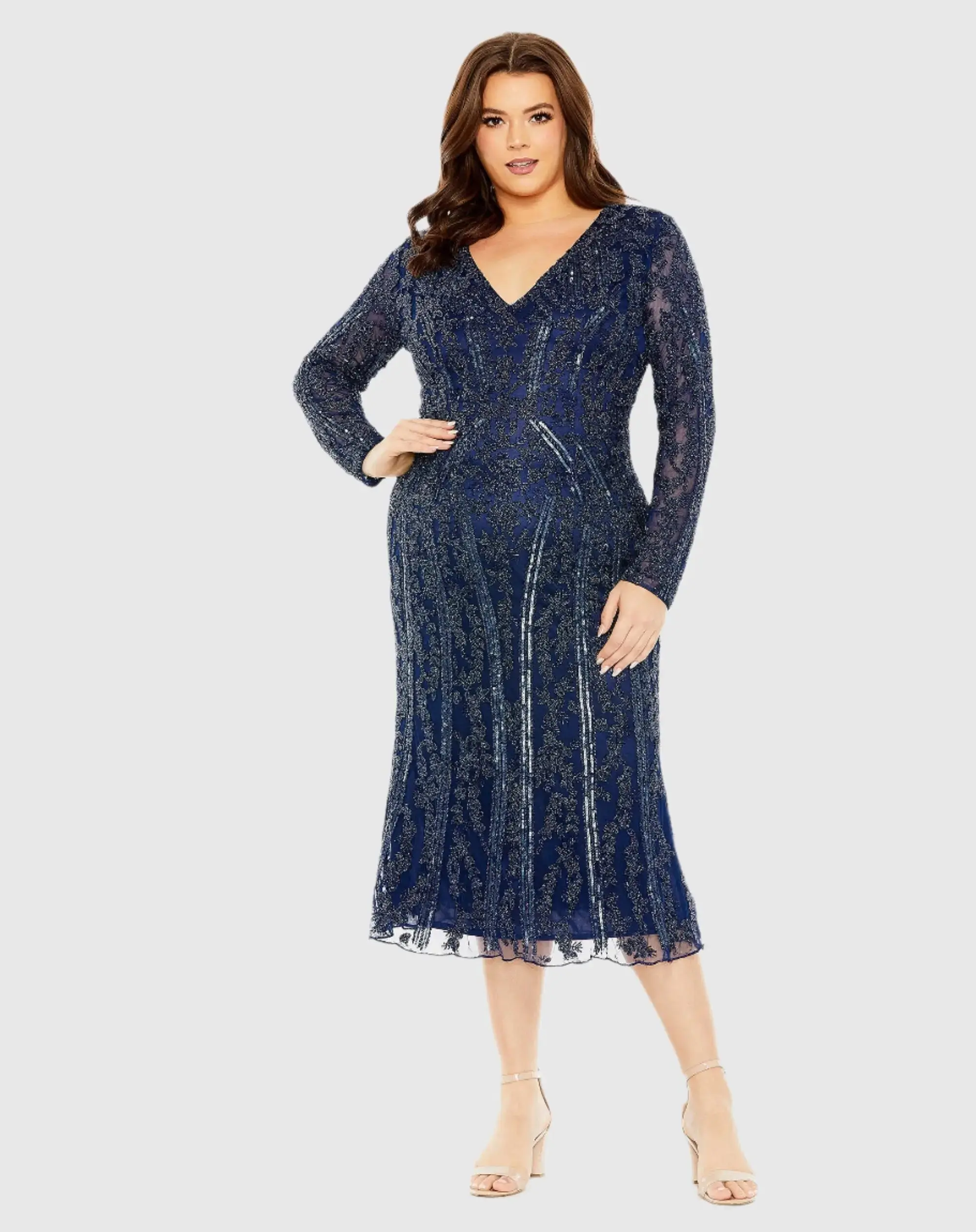 Navy Long Sleeve Embellished Dress (Plus) - FINAL SALE