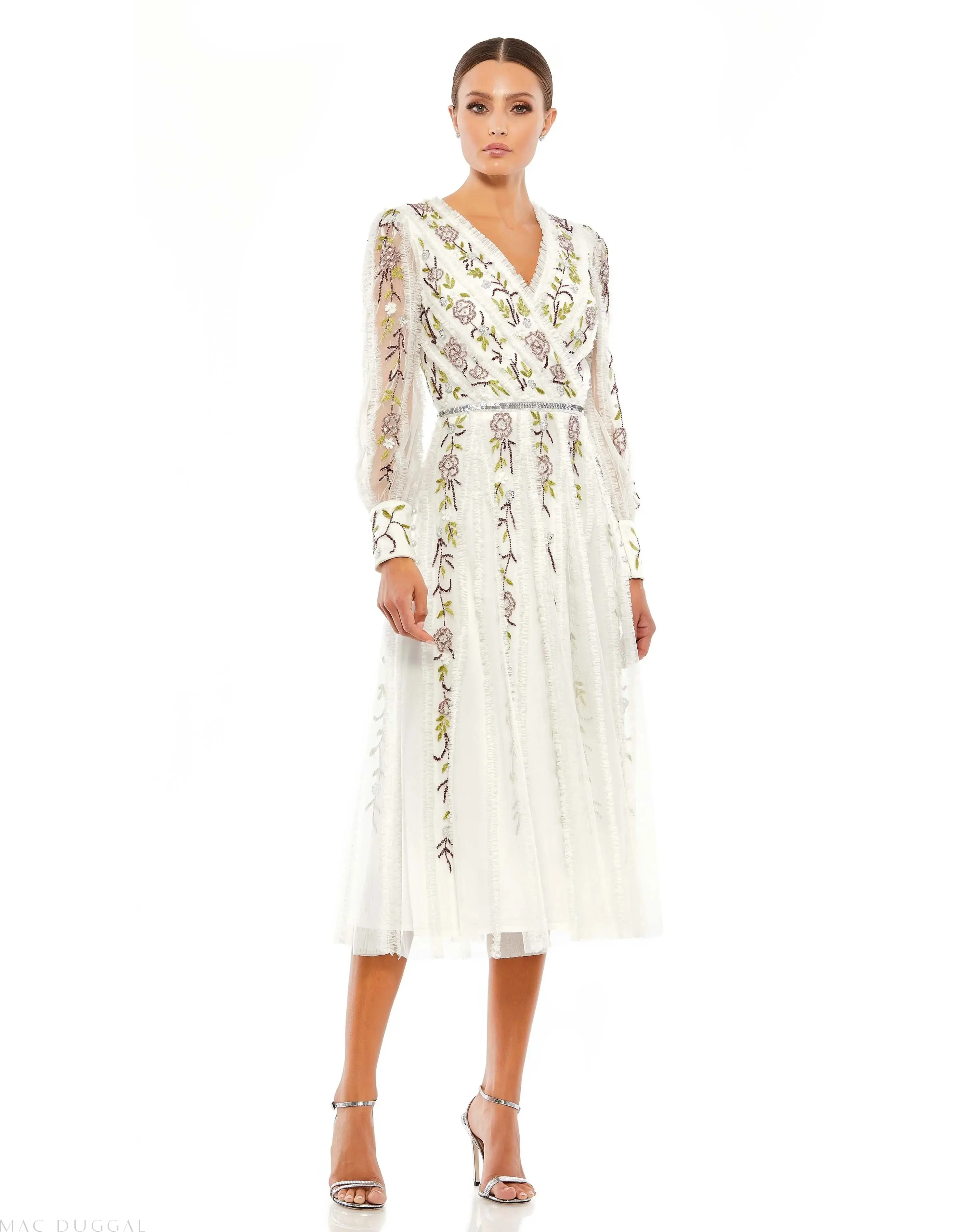 Long Sleeve Embroidered Wrap Midi Dress - Image 2