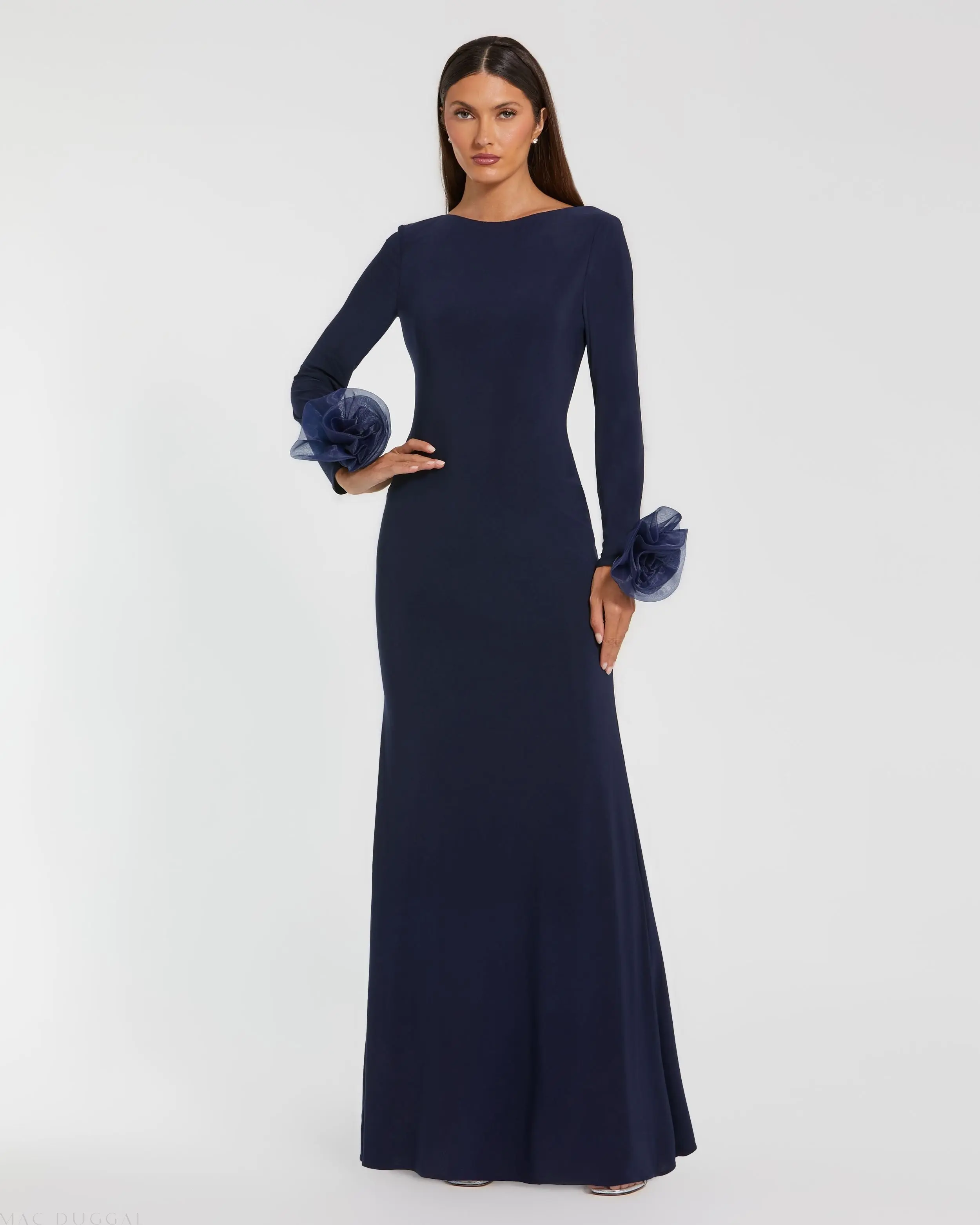 Long Sleeve Fitted Jersey Gown With 3D Flowers - Image 2