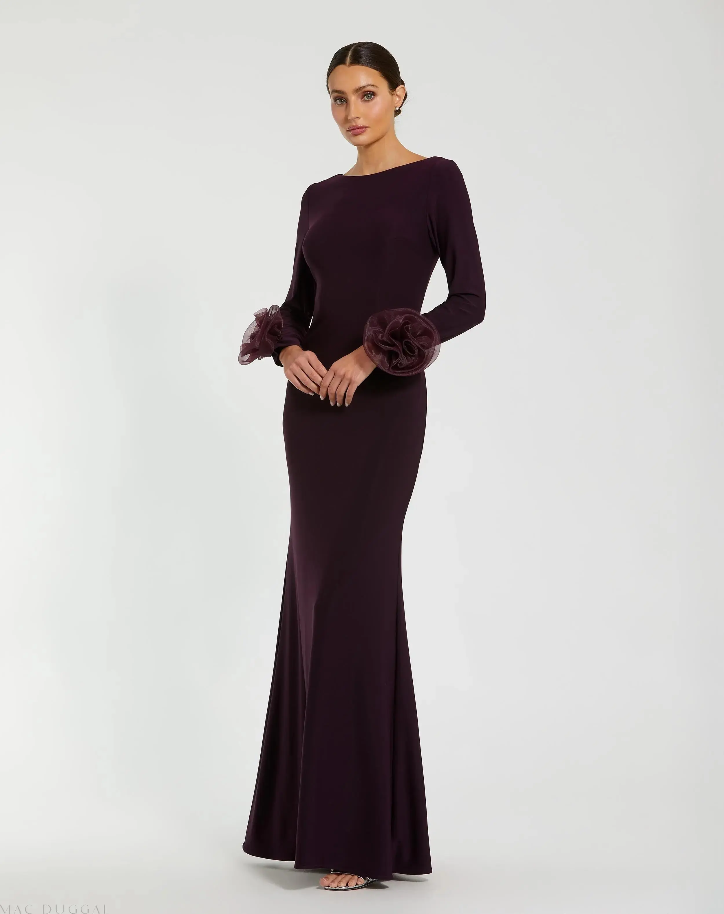 Long Sleeve Fitted Jersey Gown With 3D Flowers - Image 3