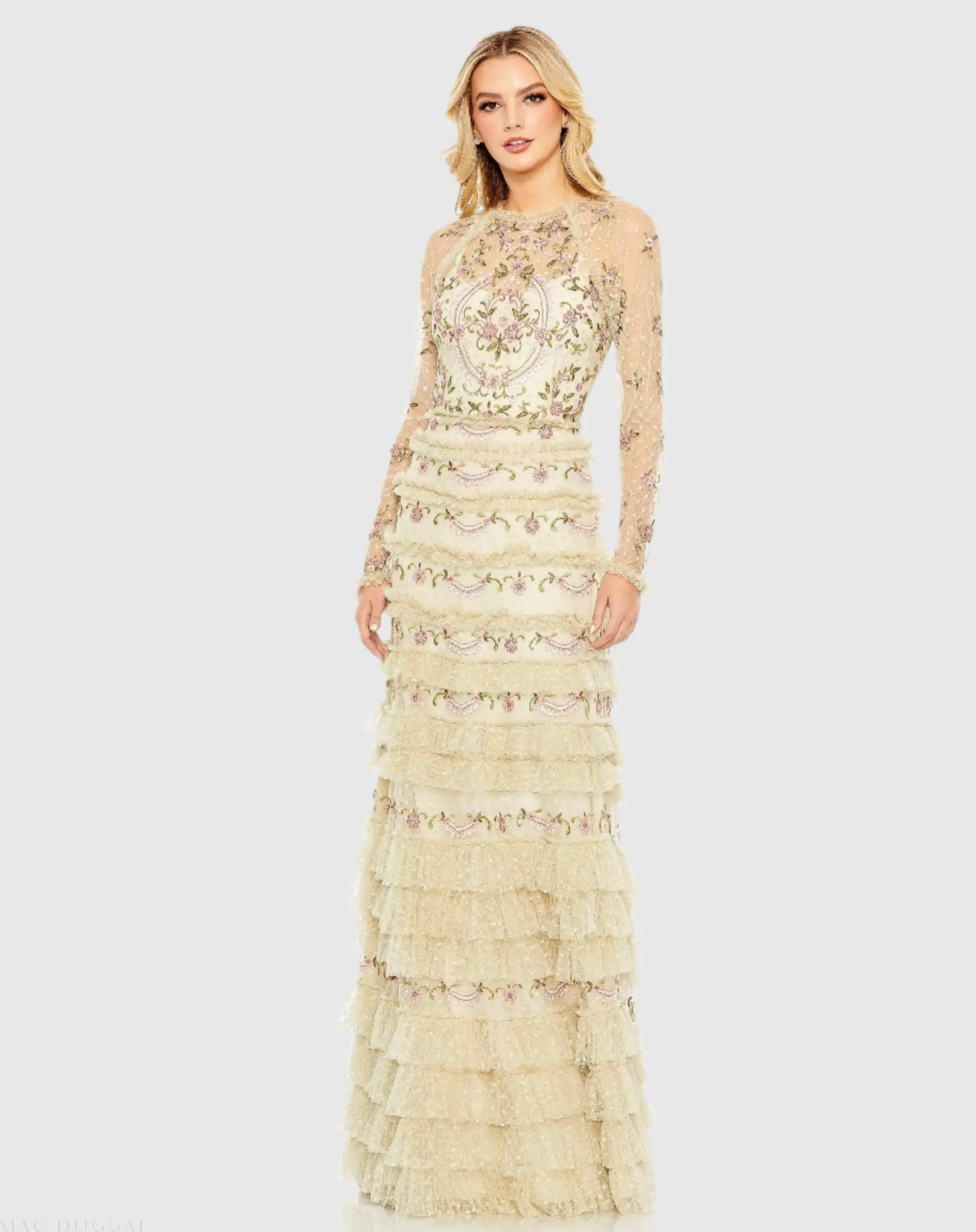 Mesh Polka Dot Long Sleeve Floral Ruffle Tired Gown - Image 2