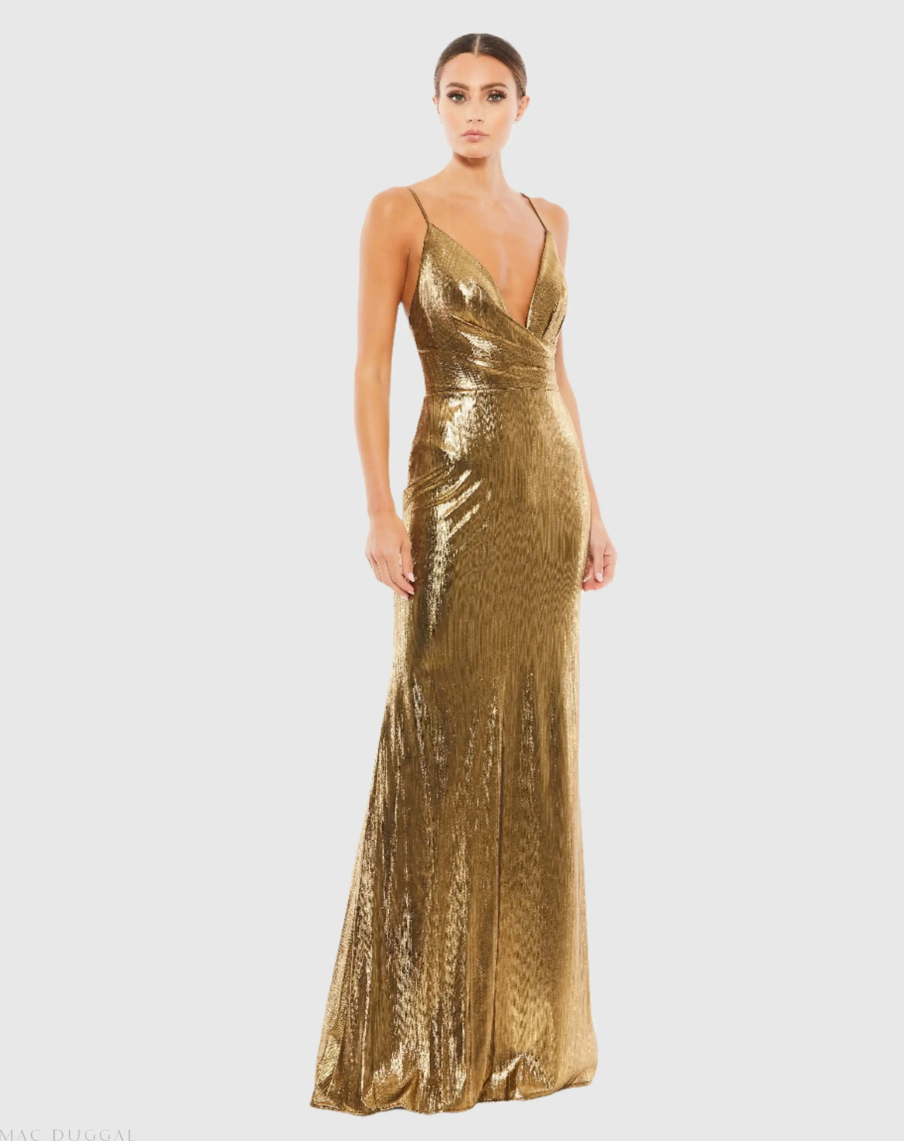 Metallic Faux Wrap Spaghetti Strap Gown - Image 2