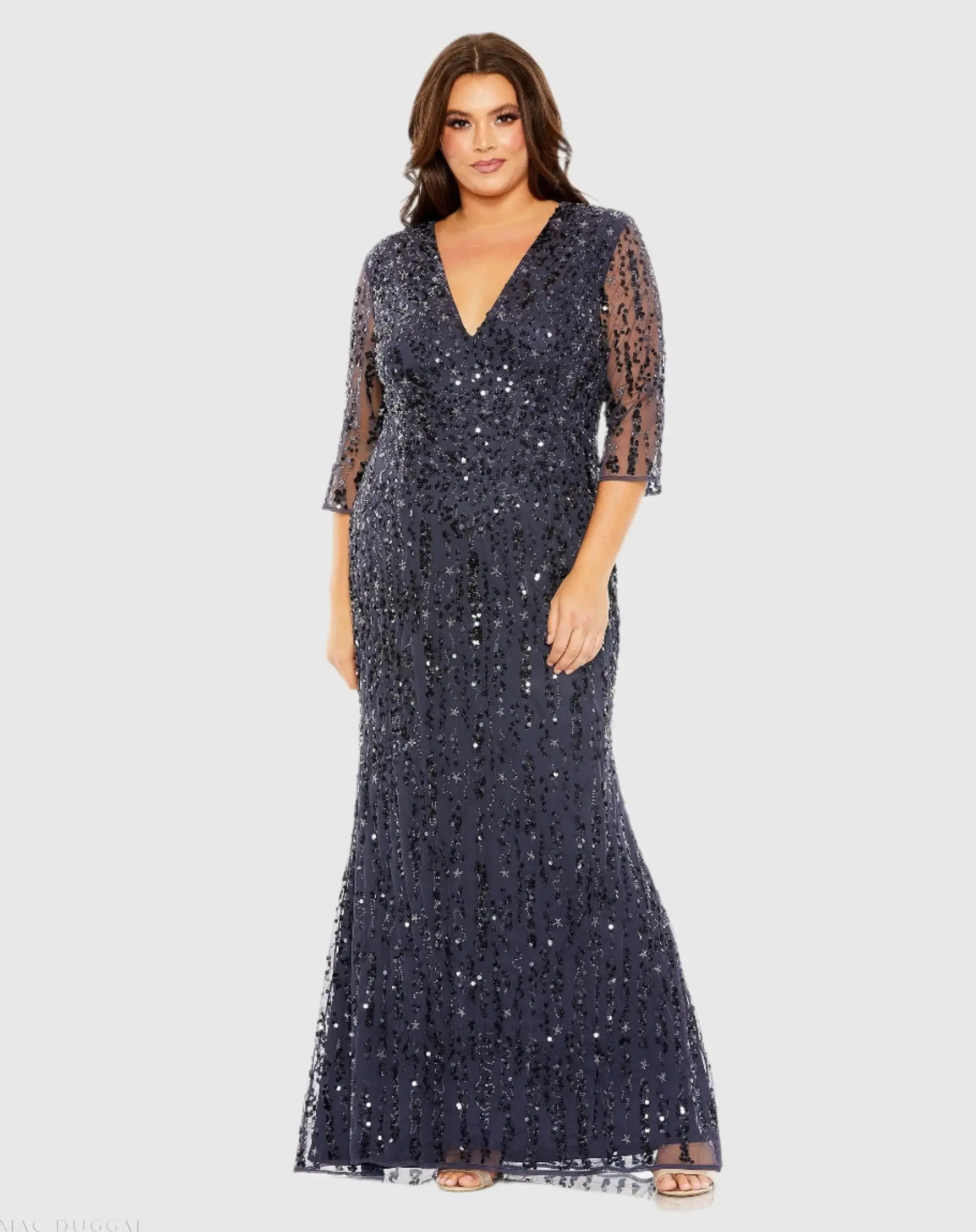 Mid Length Mesh Sleeve V Neck Embellished Gown - Image 2