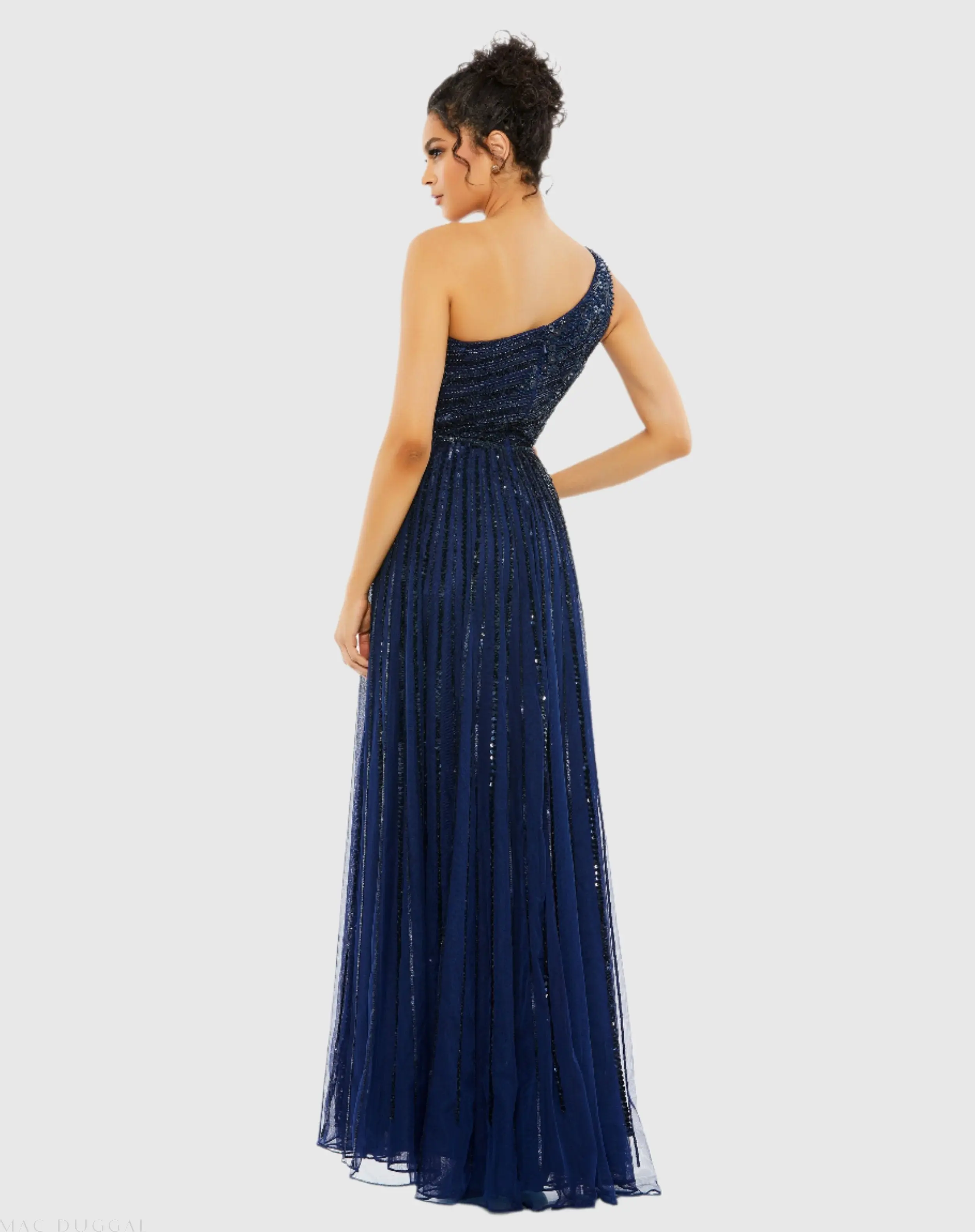 Navy Embellished One Shoulder A-Line Gown - Image 3