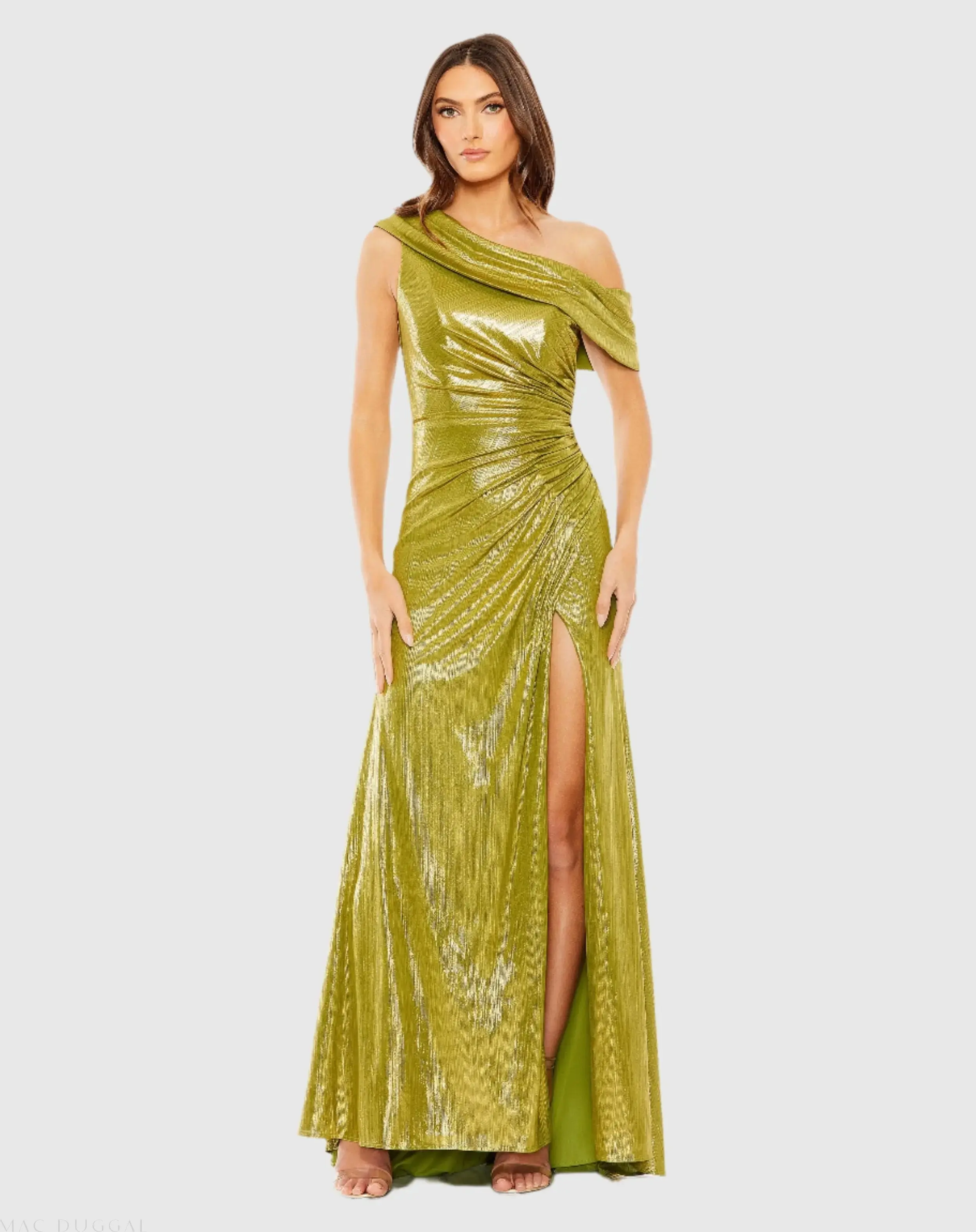 Off The Shoulder Ruched Waist Slit Metallic Gown - Image 2