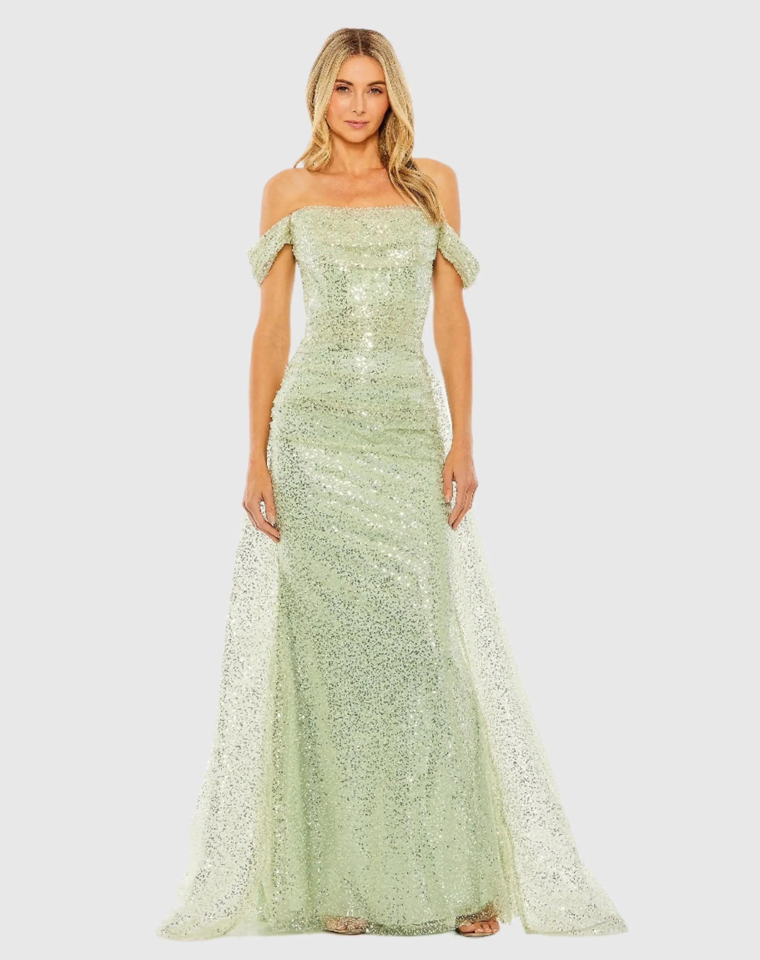 Green Off the Shoulder Sequin Panel Train Gown - FINAL SALE
