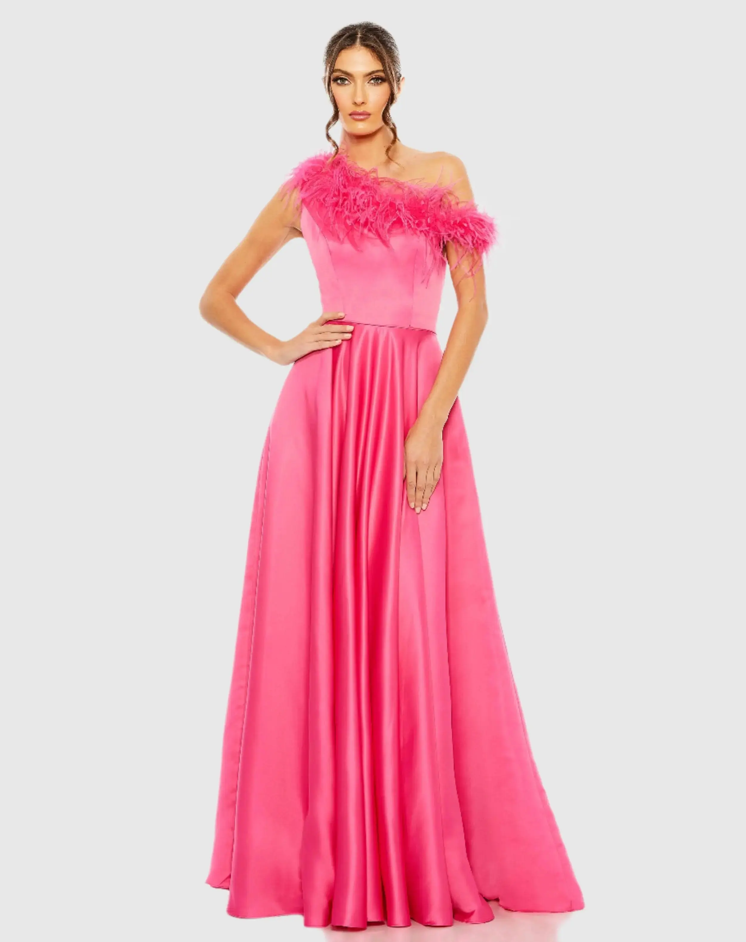 One Shoulder A Line Gown With Feather Detail - Image 2