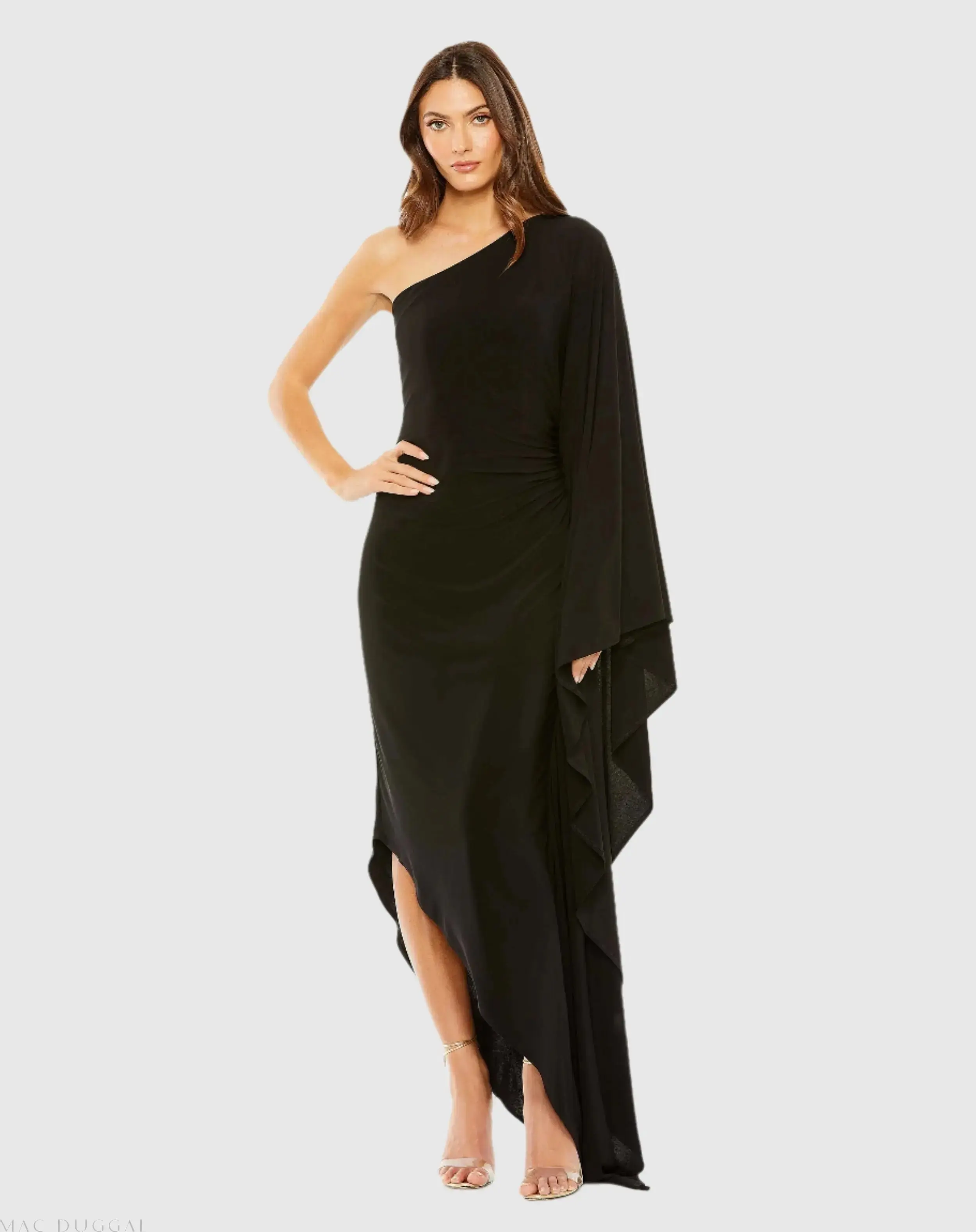 One Shoulder Cape Sleeve Ruched Detail Jersey Gown - Image 2