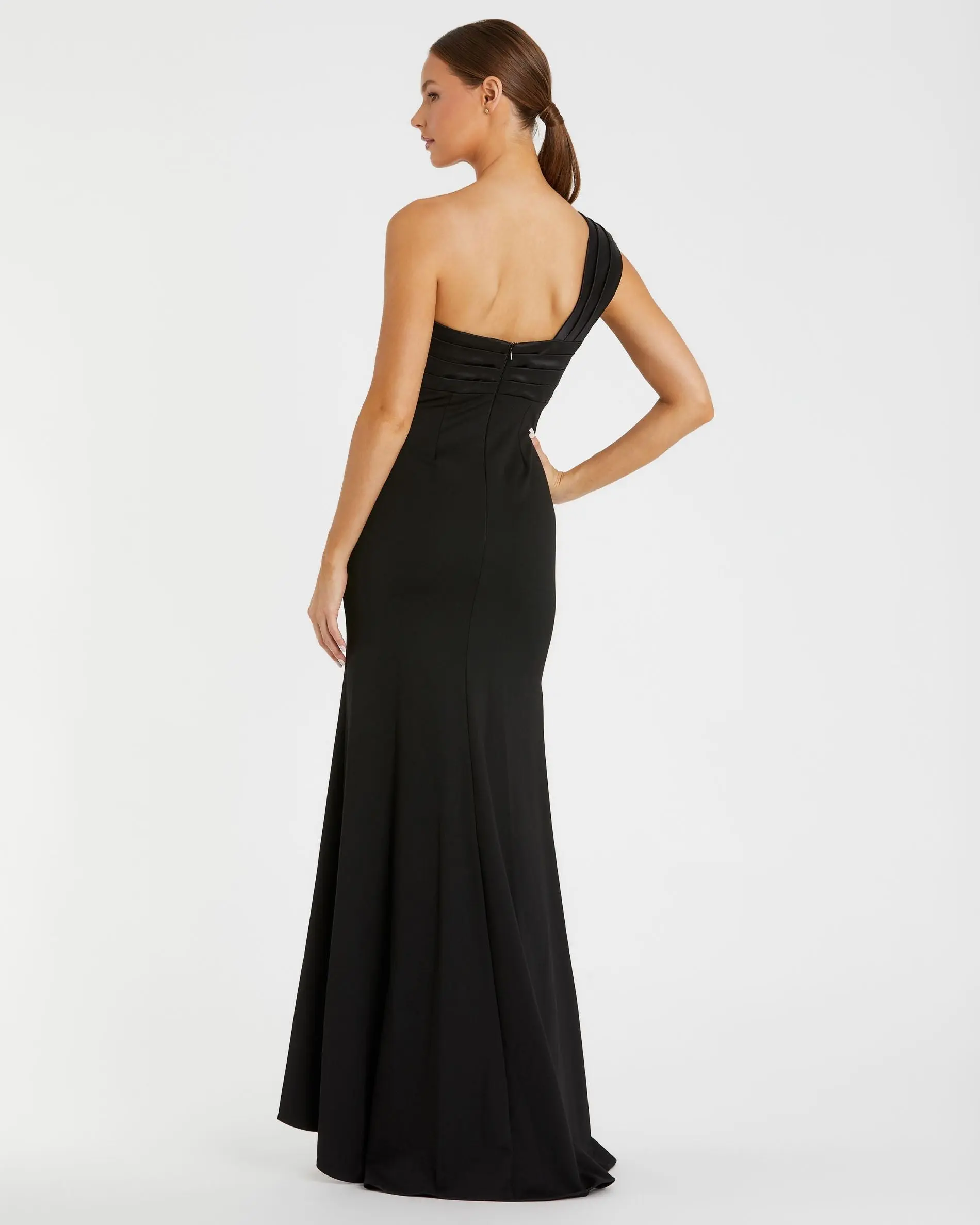 Black One Shoulder Draped Trumpet Gown - Image 3