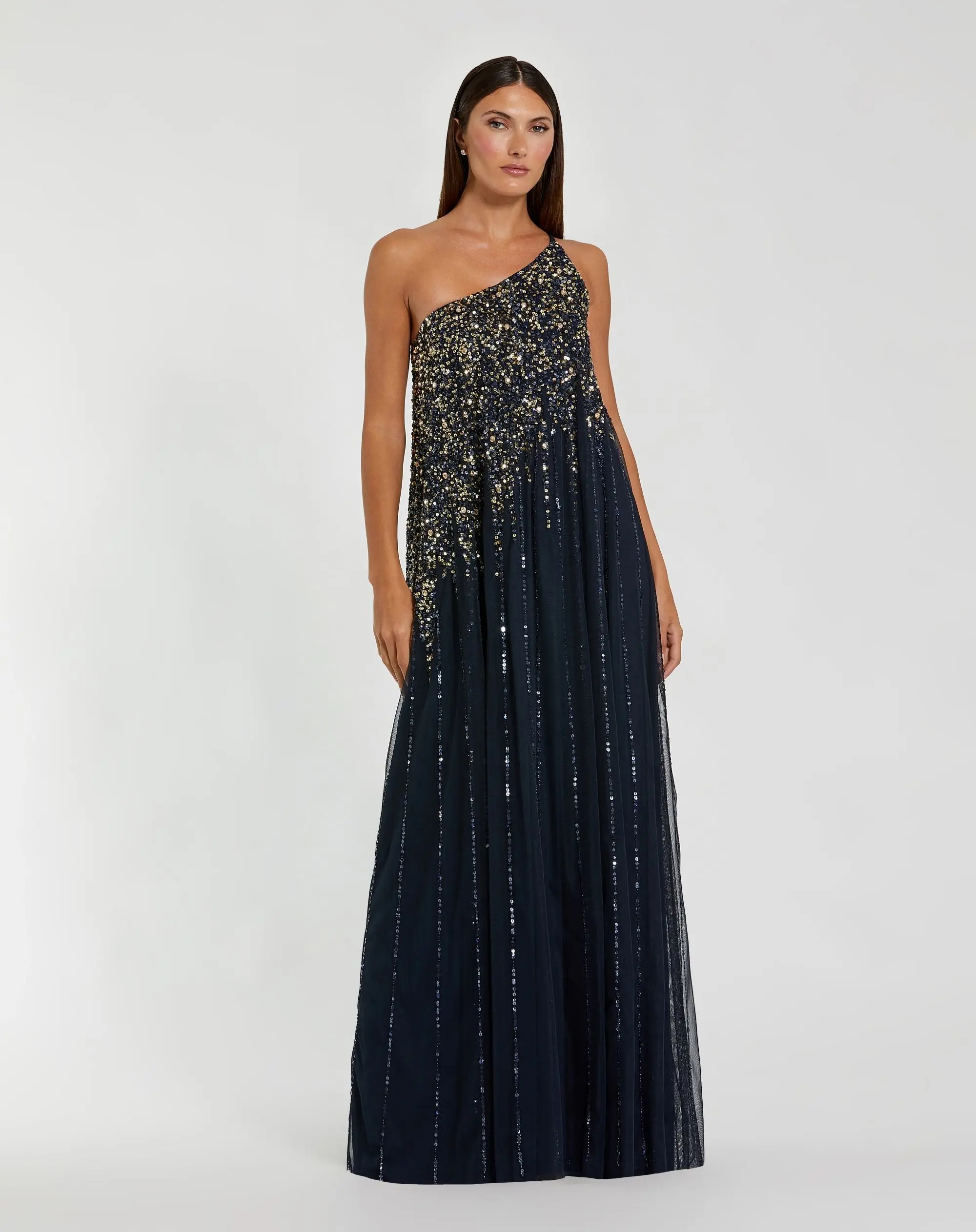 One Shoulder Embellished Trapeze A Line Gown
