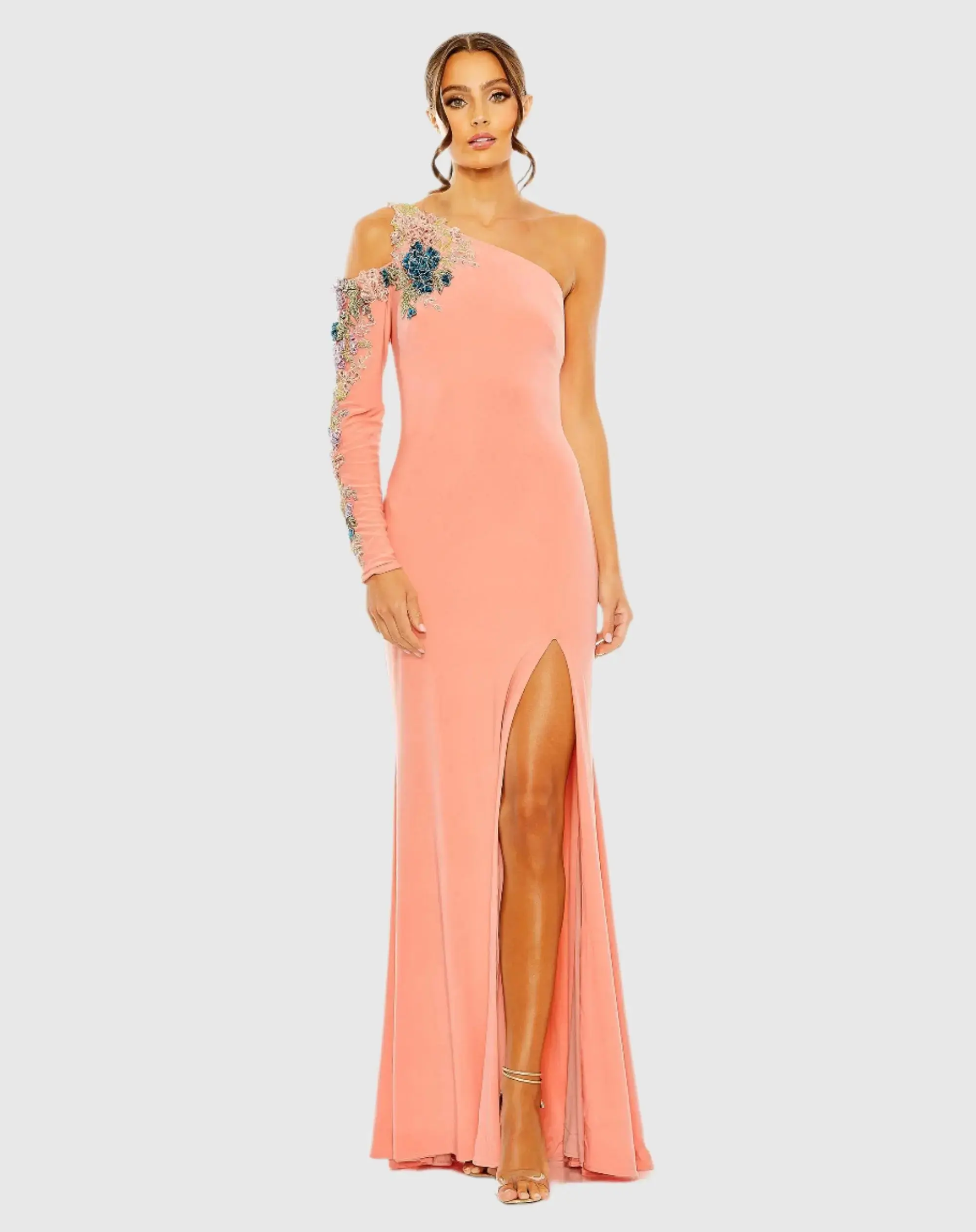 One Shoulder Long Sleeve Floral Embellished Gown - Image 2