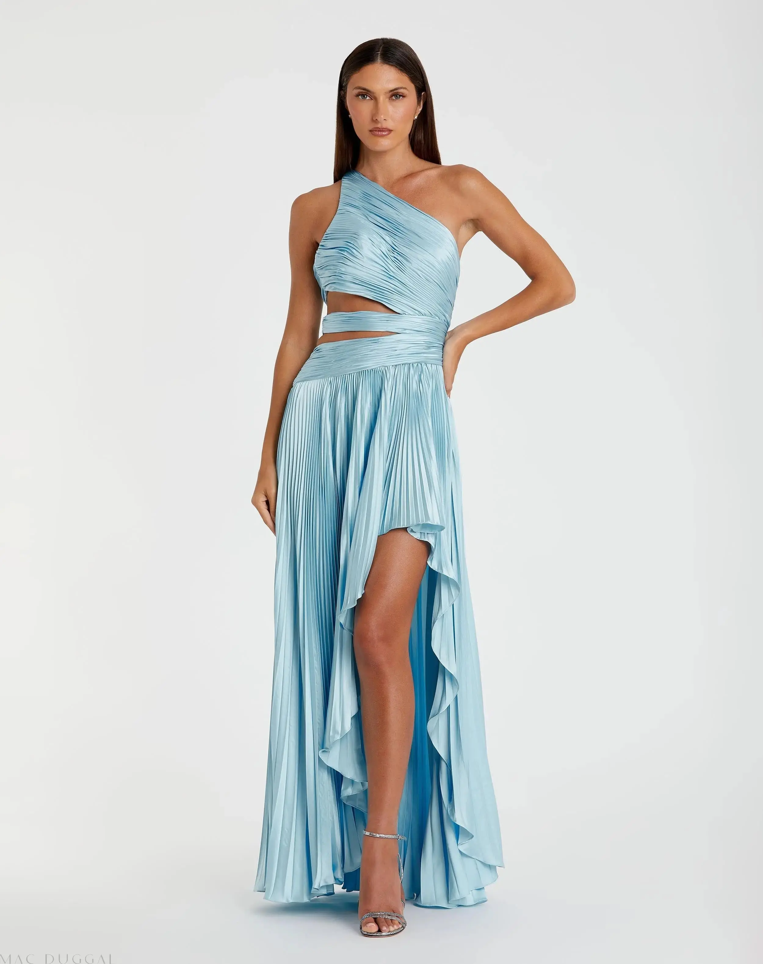 One Shoulder Pleated Charmeuse Gown with Slit - Image 3