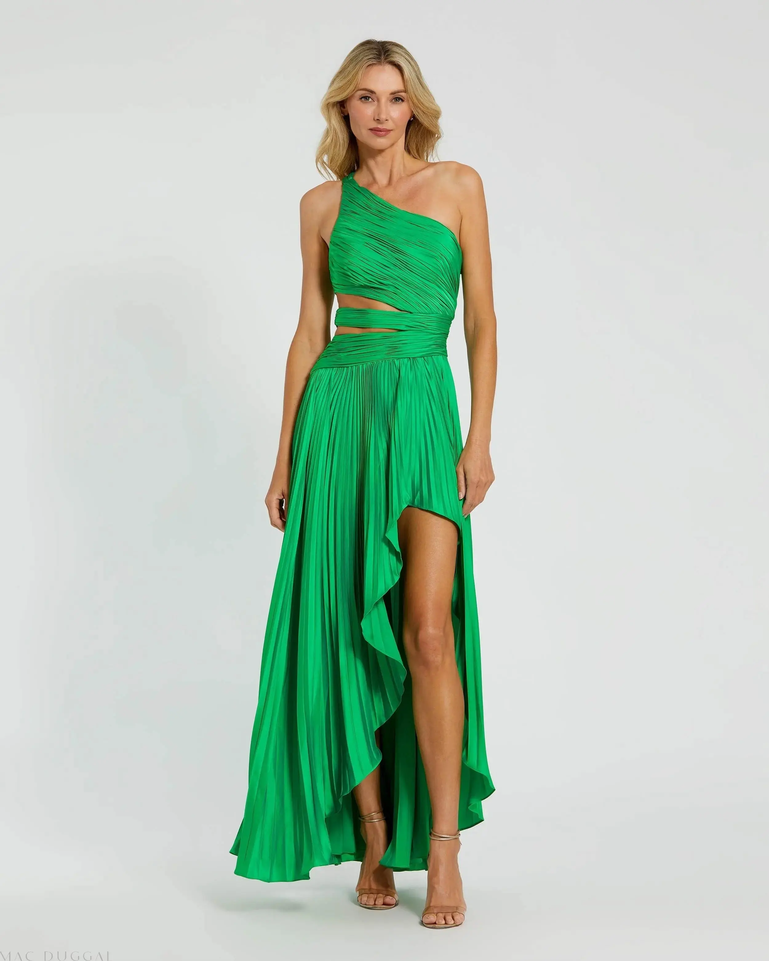 One Shoulder Pleated Charmeuse Gown with Slit - Image 4