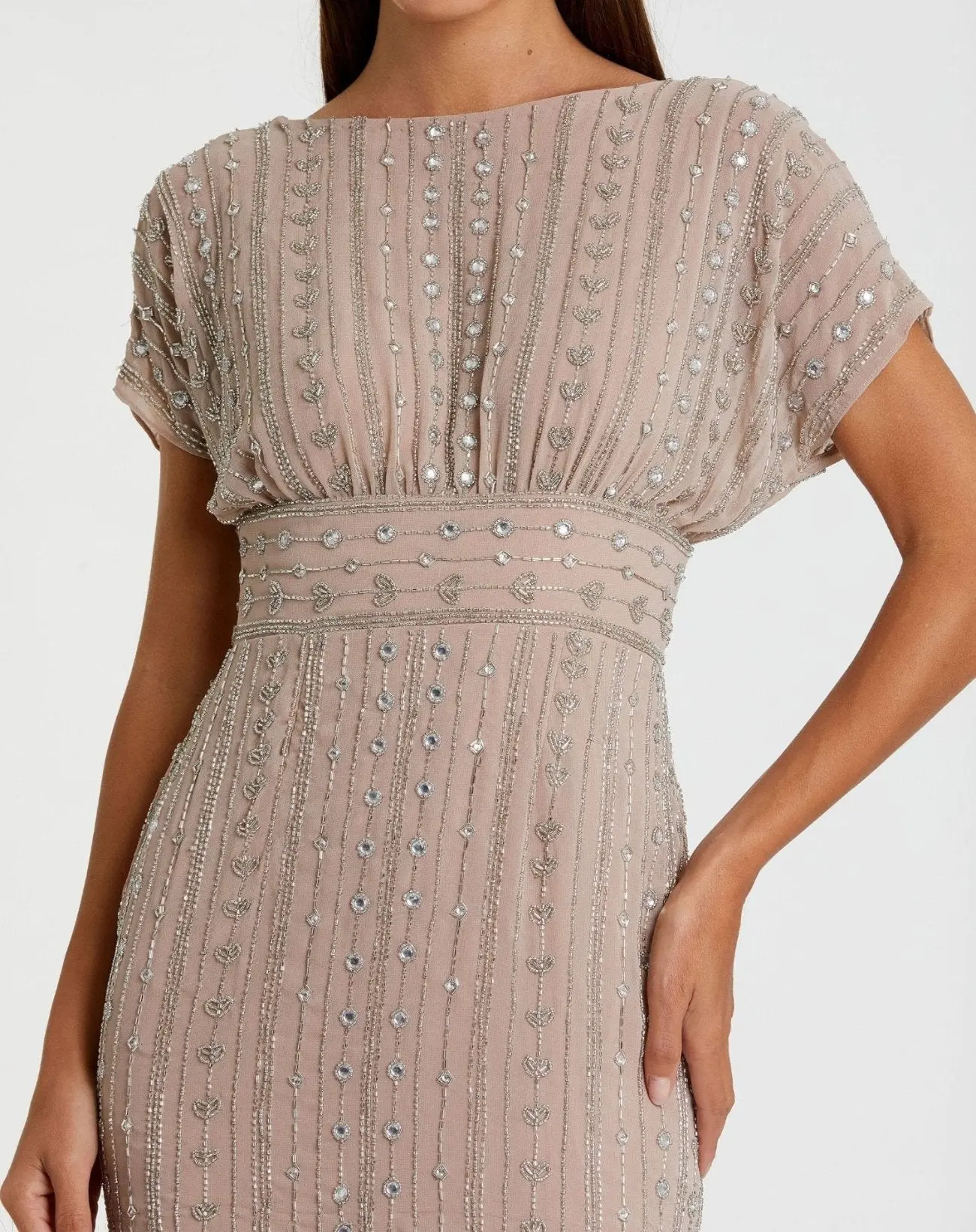 Beige Beaded Cap Sleeve Empire Waist Sheath Midi Dress - Image 2