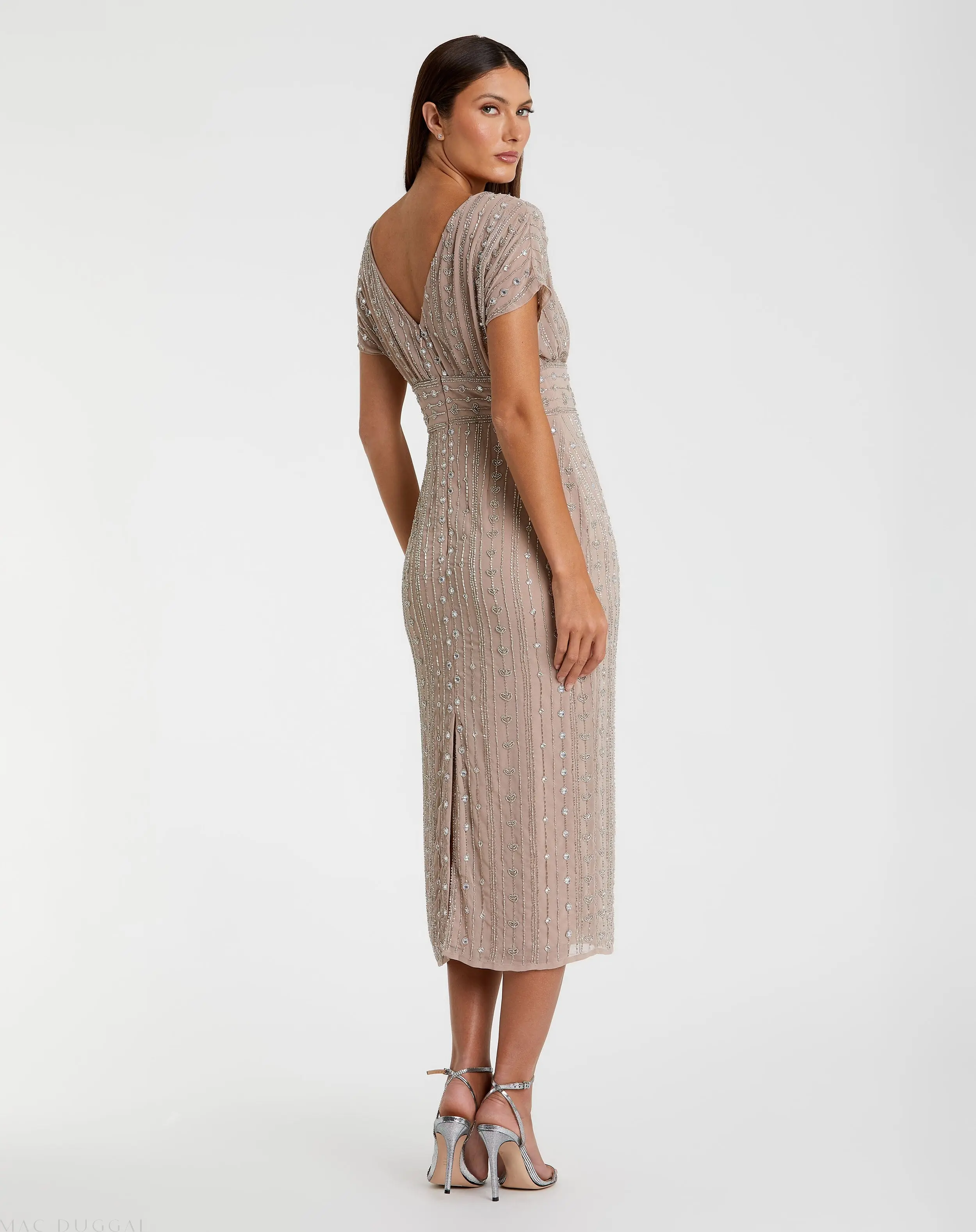 Beige Beaded Cap Sleeve Empire Waist Sheath Midi Dress - Image 3